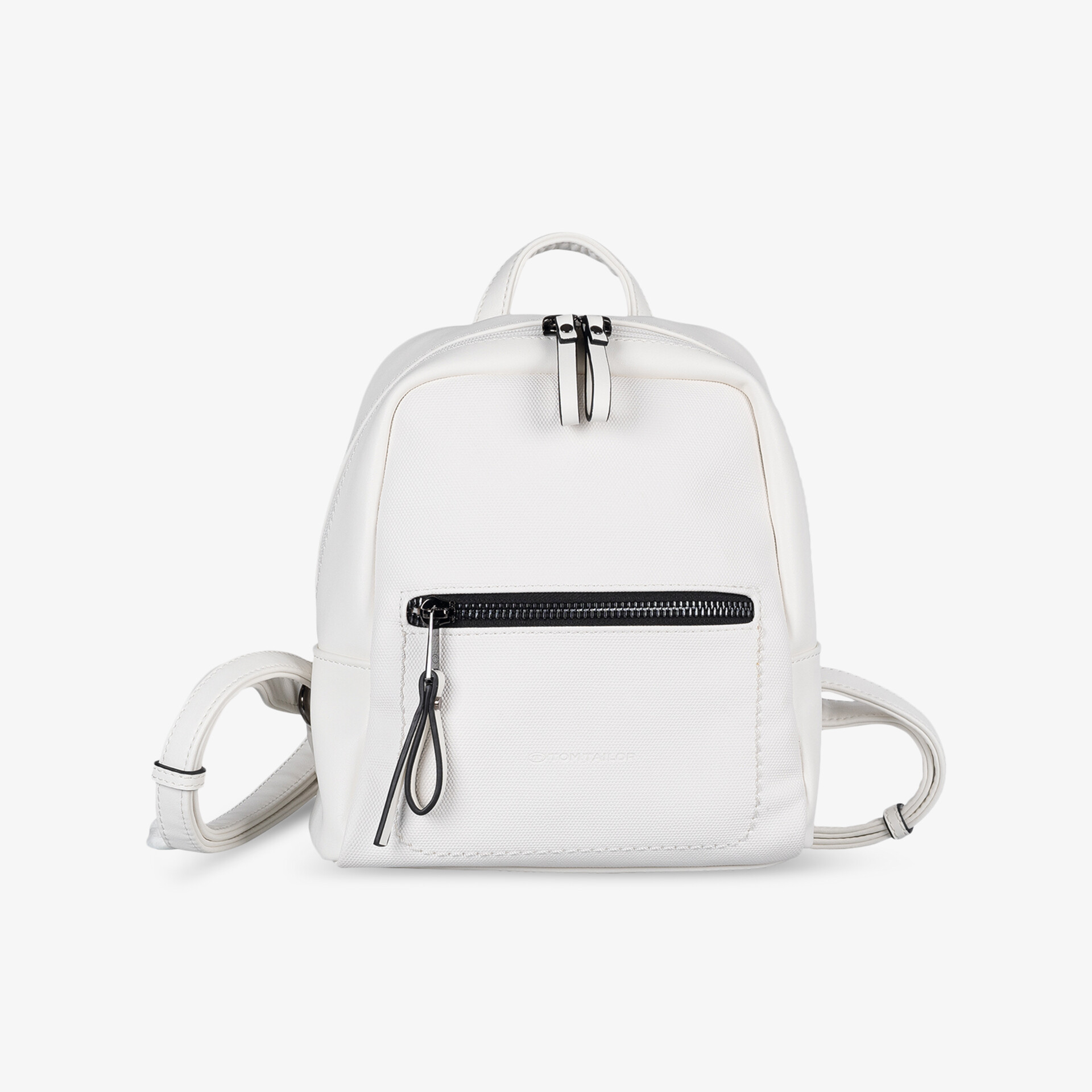 Weißer kompakter Rucksack mit minimalistischem Design und praktischer Fronttasche, klar und funktional