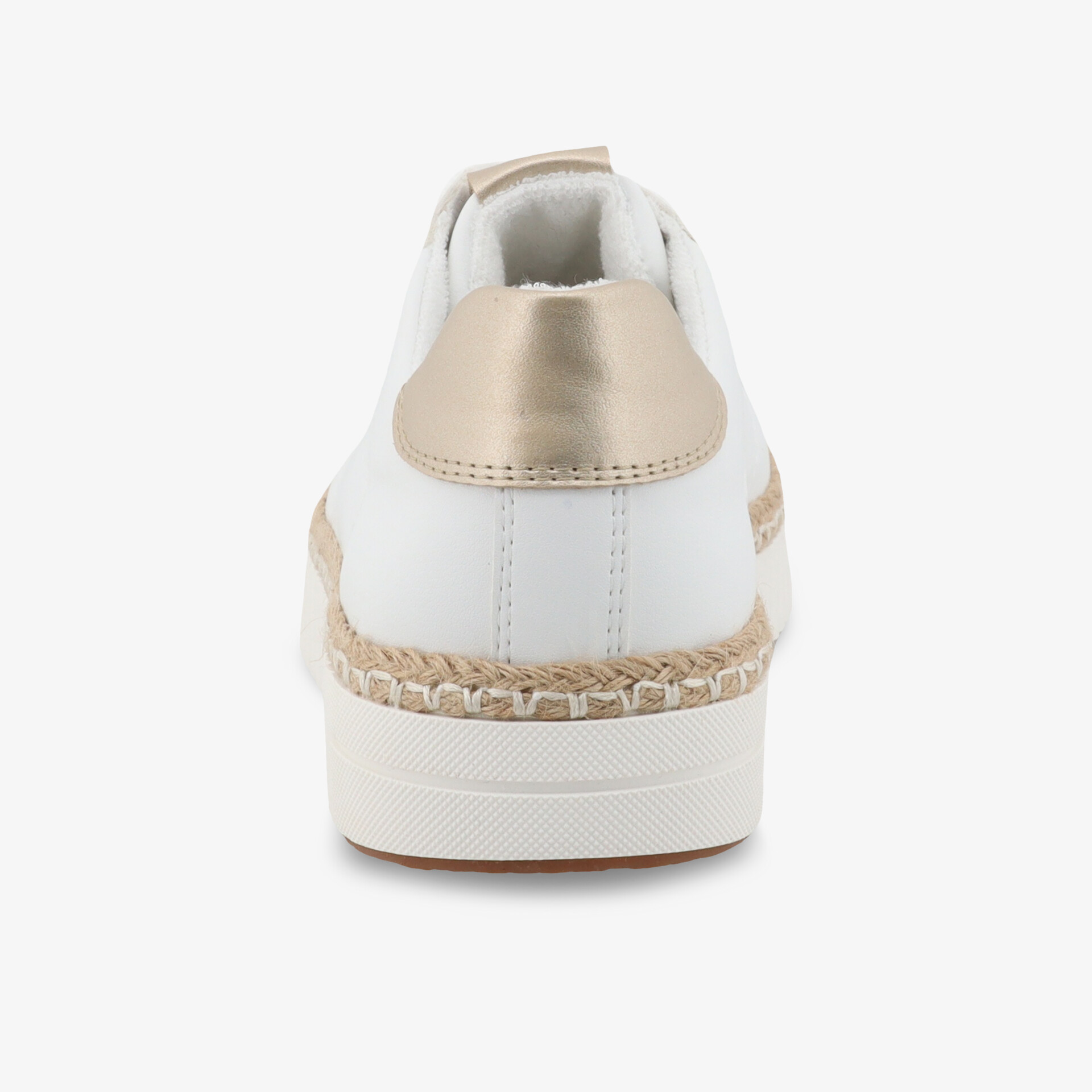 Schuh in Rückansicht mit weißem Leder und beigen Details, dicker Absatz für bequemen Gang