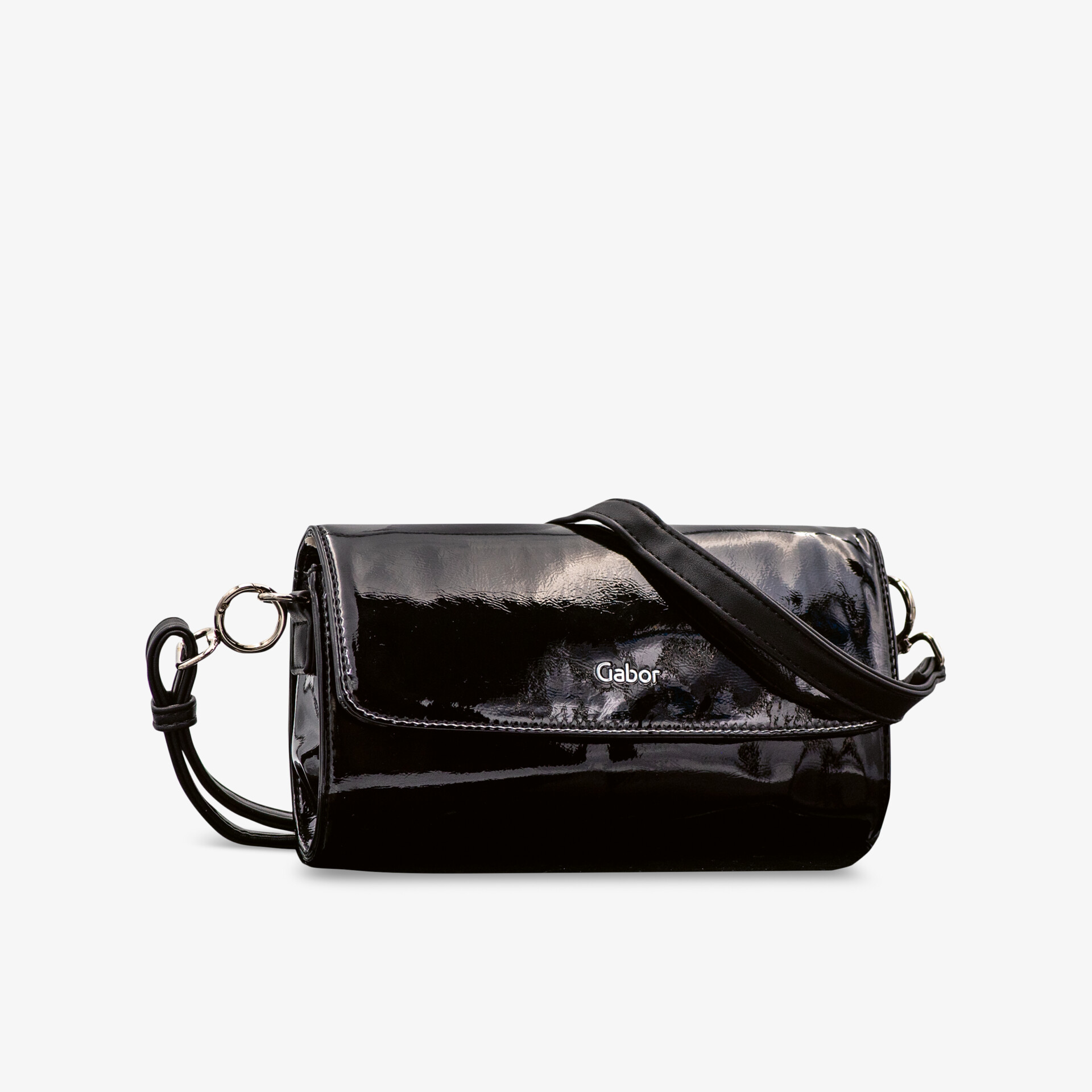 Schwarze Lacktasche mit glänzendem Finish, schlankem Design und verstellbarem Schulterriemen, ideal für stilvollen Auftritt