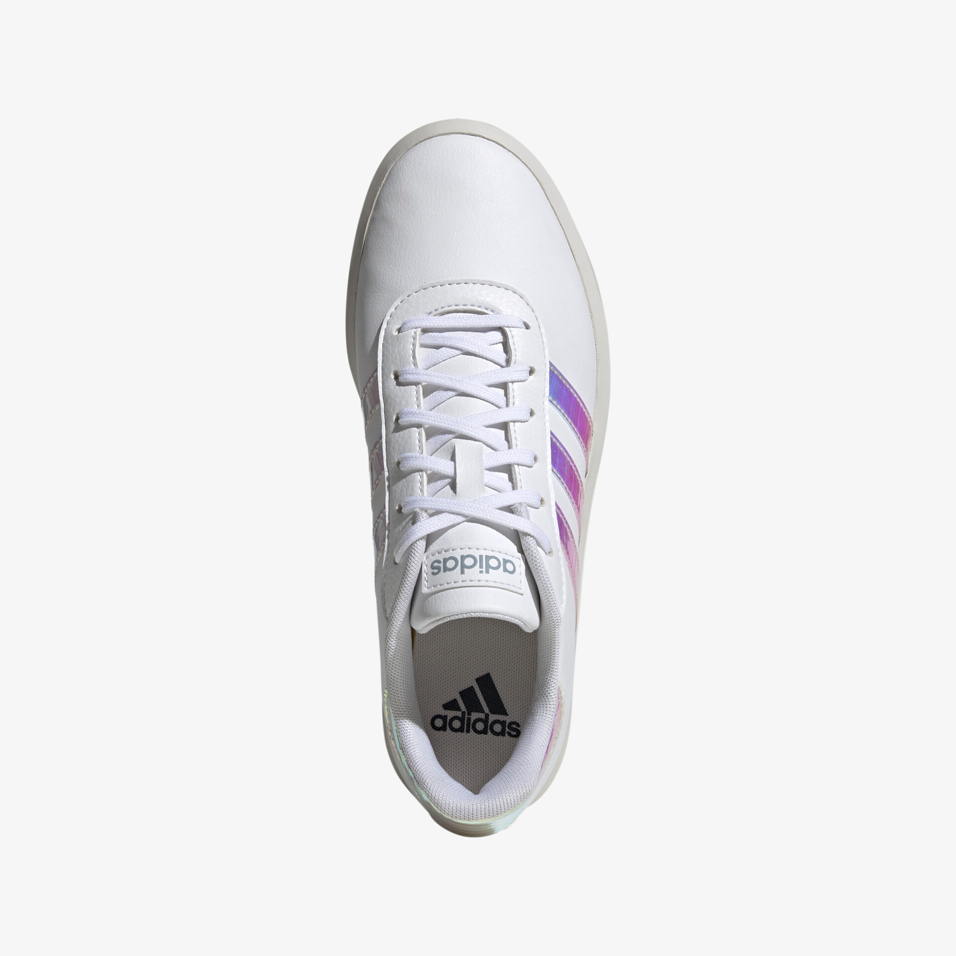 Moderner weißer Adidas Sneaker mit lila Akzenten, ideal für sportlichen Stil und Komfort.
