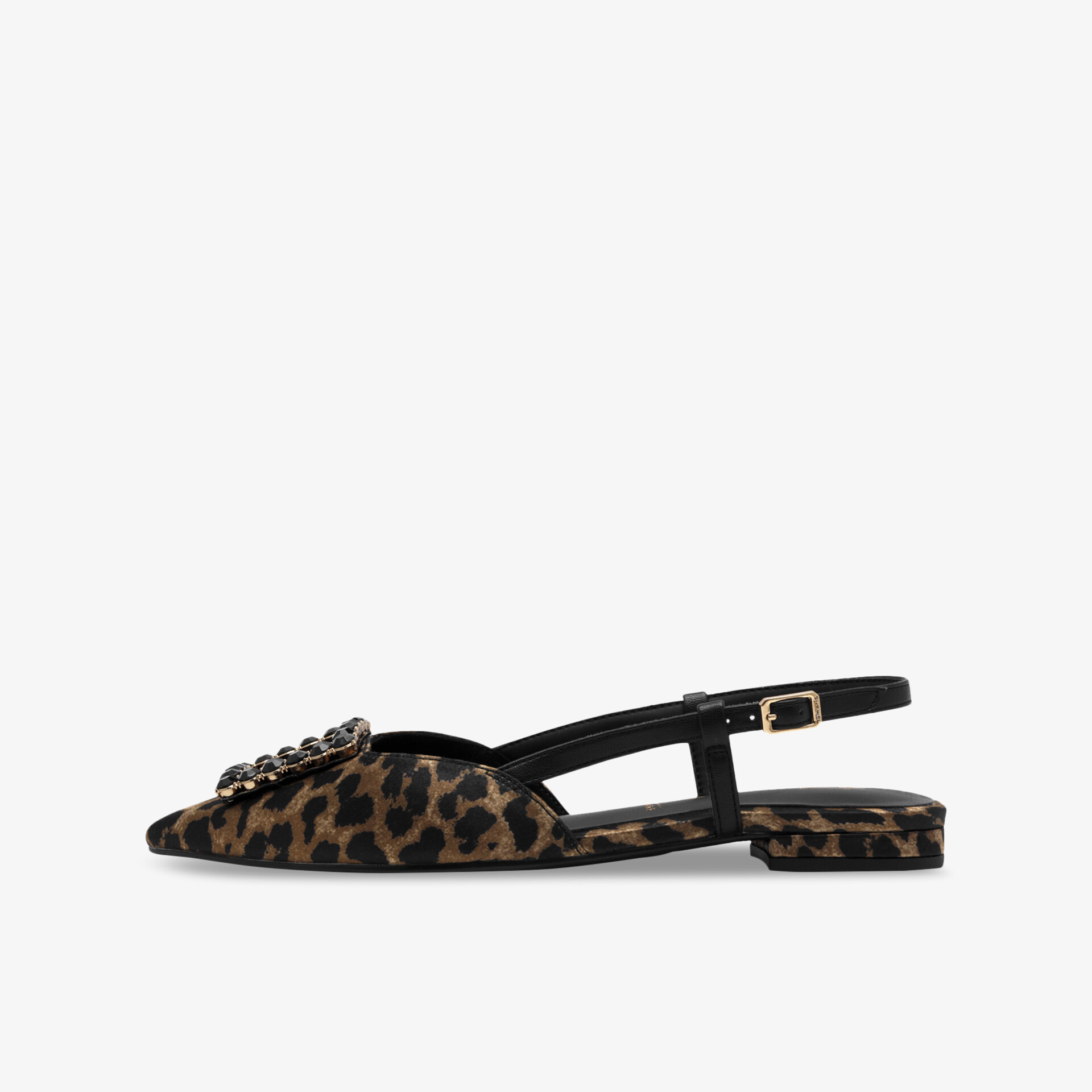 Flacher Schuh mit Leopardmuster, offenem Riemchen und verstellbarer Schnalle, elegant und bequem