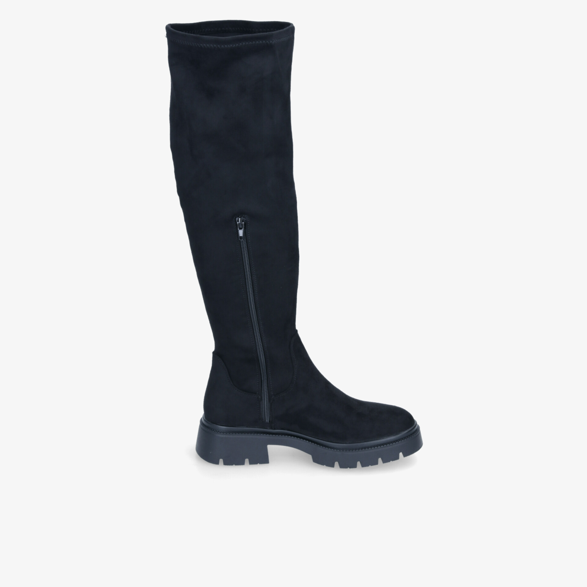 Schwarzer Stiefel mit hohem Schaft, seitlichem Reißverschluss und robuster Profilsohle für Komfort und Halt