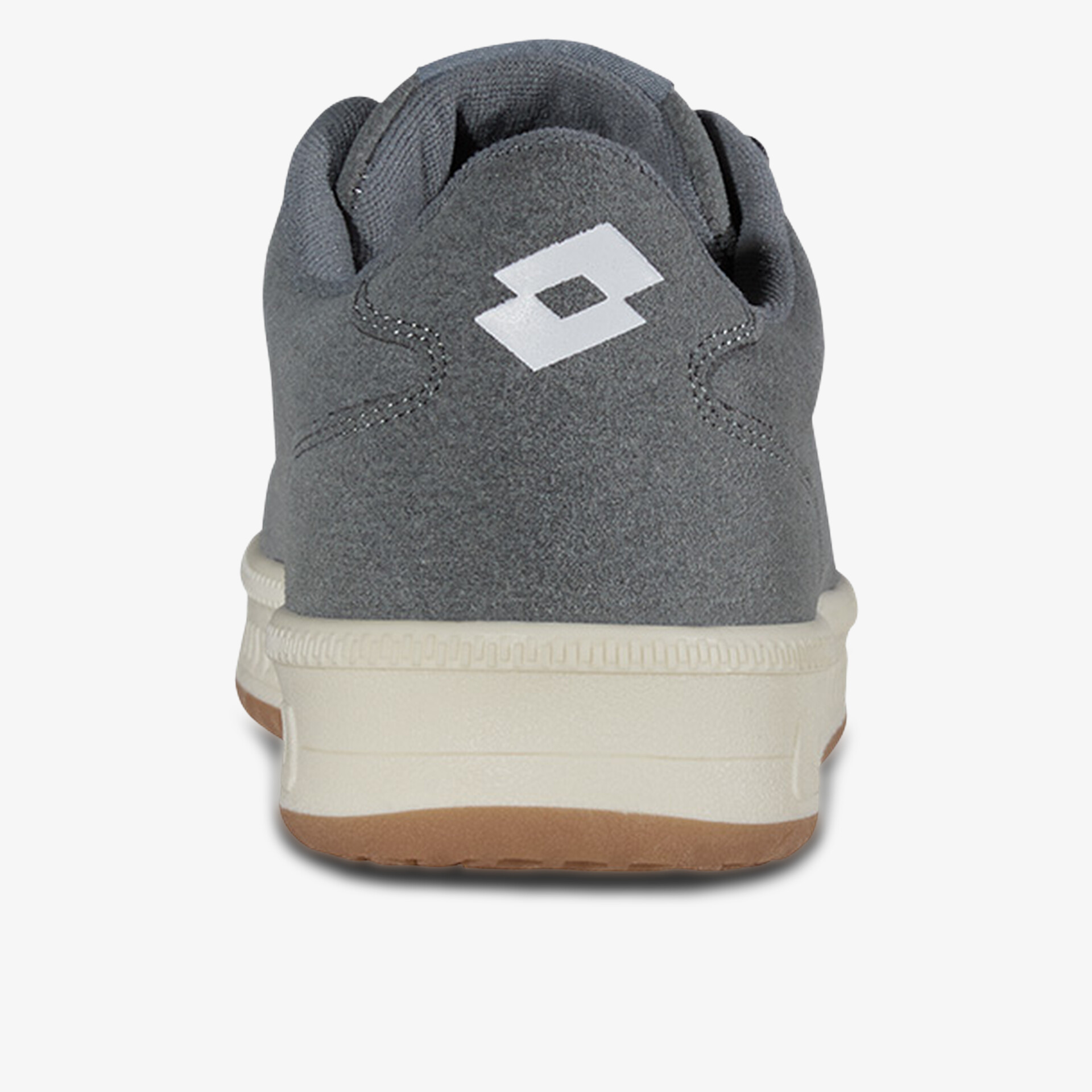 Rückansicht eines grauen Sportschuhs mit gepolstertem Schaft und rutschfester Gummisohle