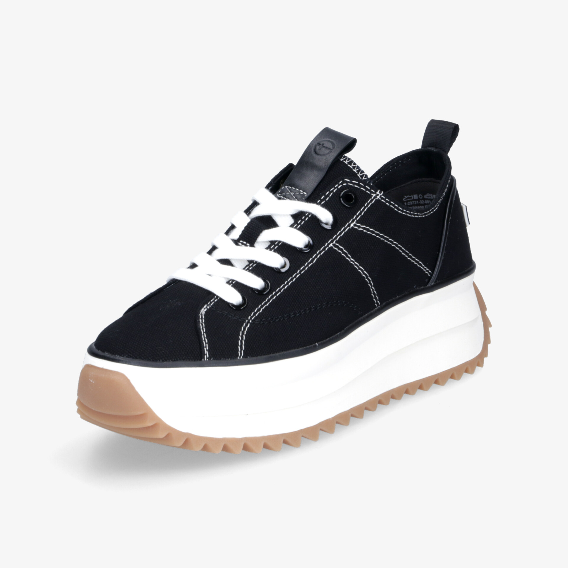 Schwarzer Sneaker mit weißer, dicker Komfortsohle und sportivem Design, gepolstert und schnürbar für optimalen Halt