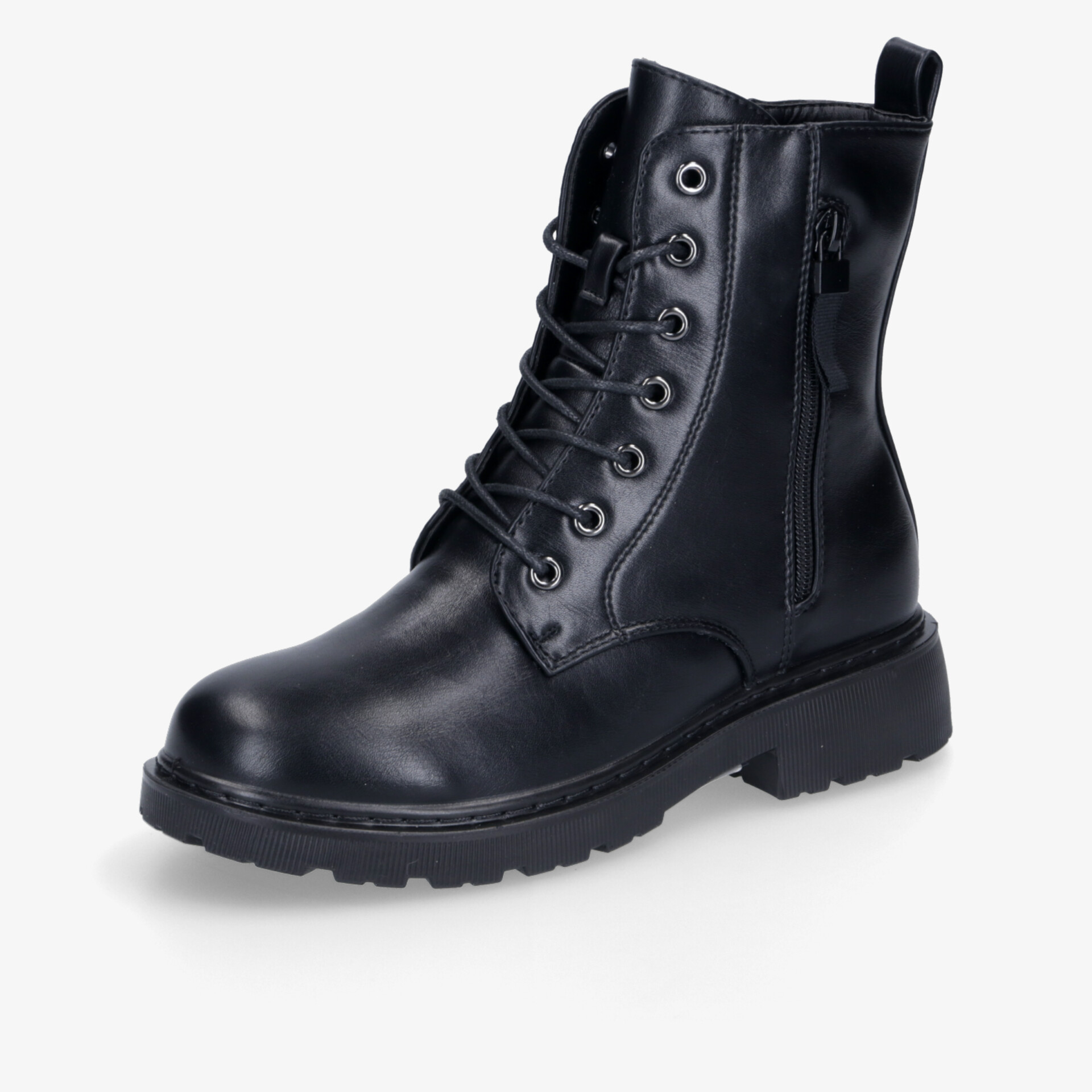 Schwarze robuste Schnürstiefel aus Leder mit seitlichem Reißverschluss und Profilsohle. Vielseitig und komfortabel.