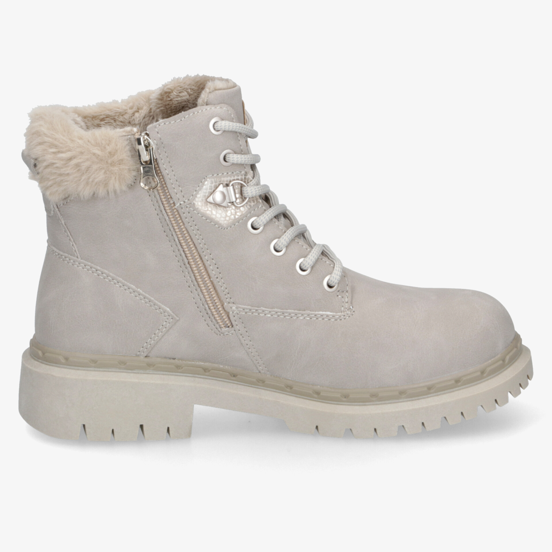 Robuster Winterstiefel mit warmem Fellfutter, seitlichem Reißverschluss und rutschfester Sohle in Seitensicht