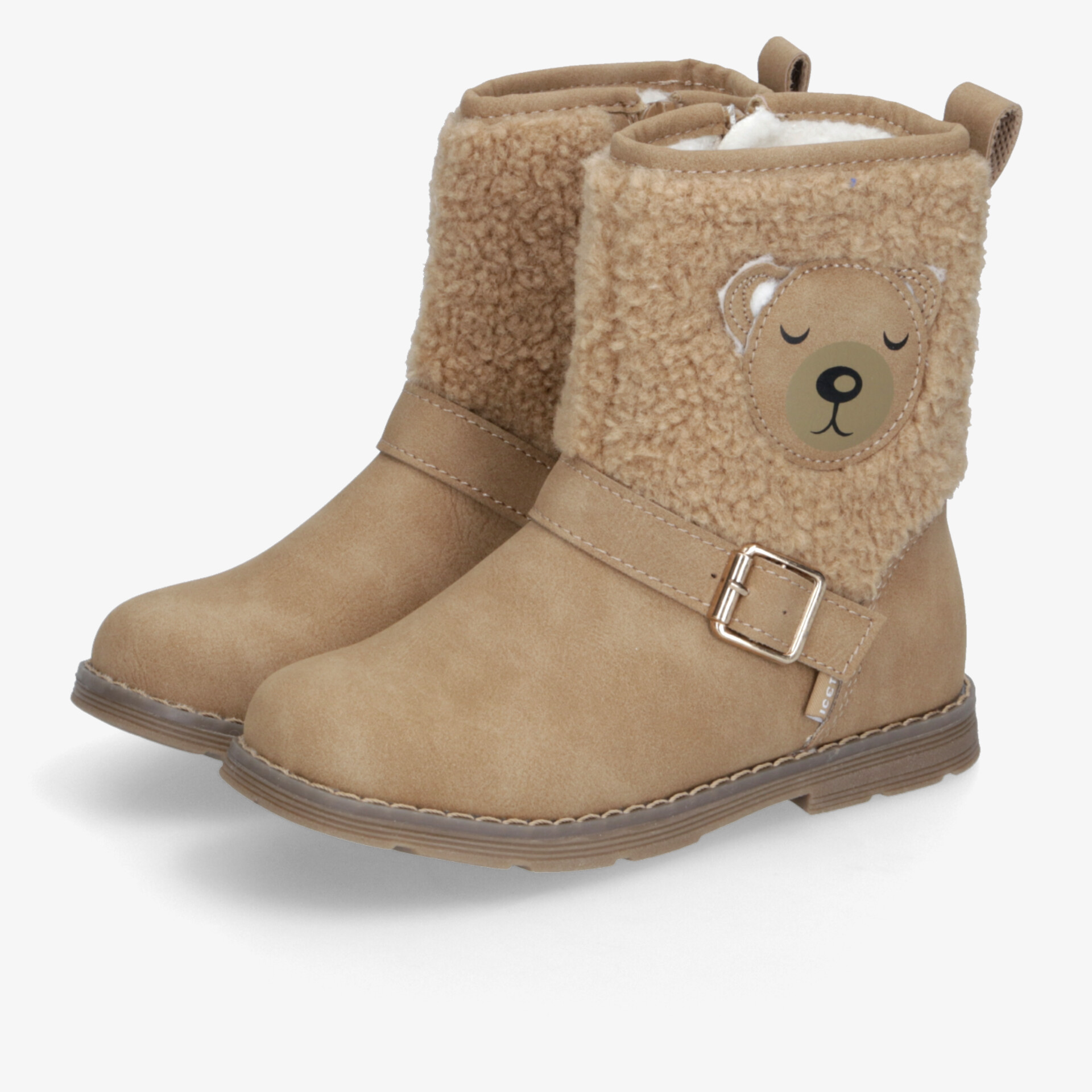 Warme braune Kinderstiefel mit kuscheligem Innenfutter und verstellbarem Riemen, Bärenmotiv vorne, rutschfeste Sohle