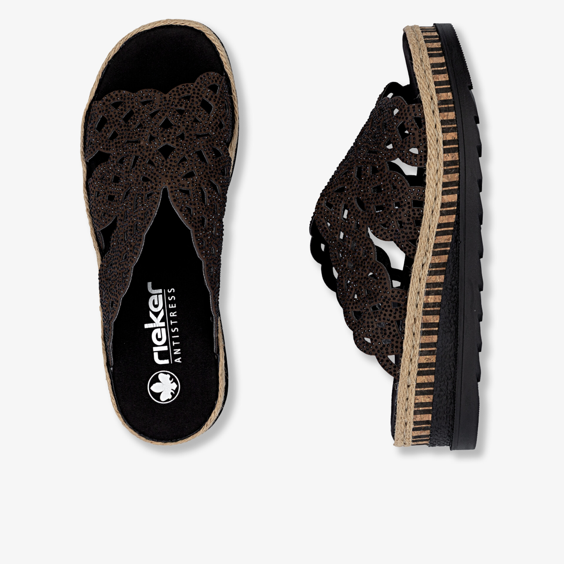 Schwarze Sandale mit Plateau und Riemen, komfortabel und modisch für den Sommer