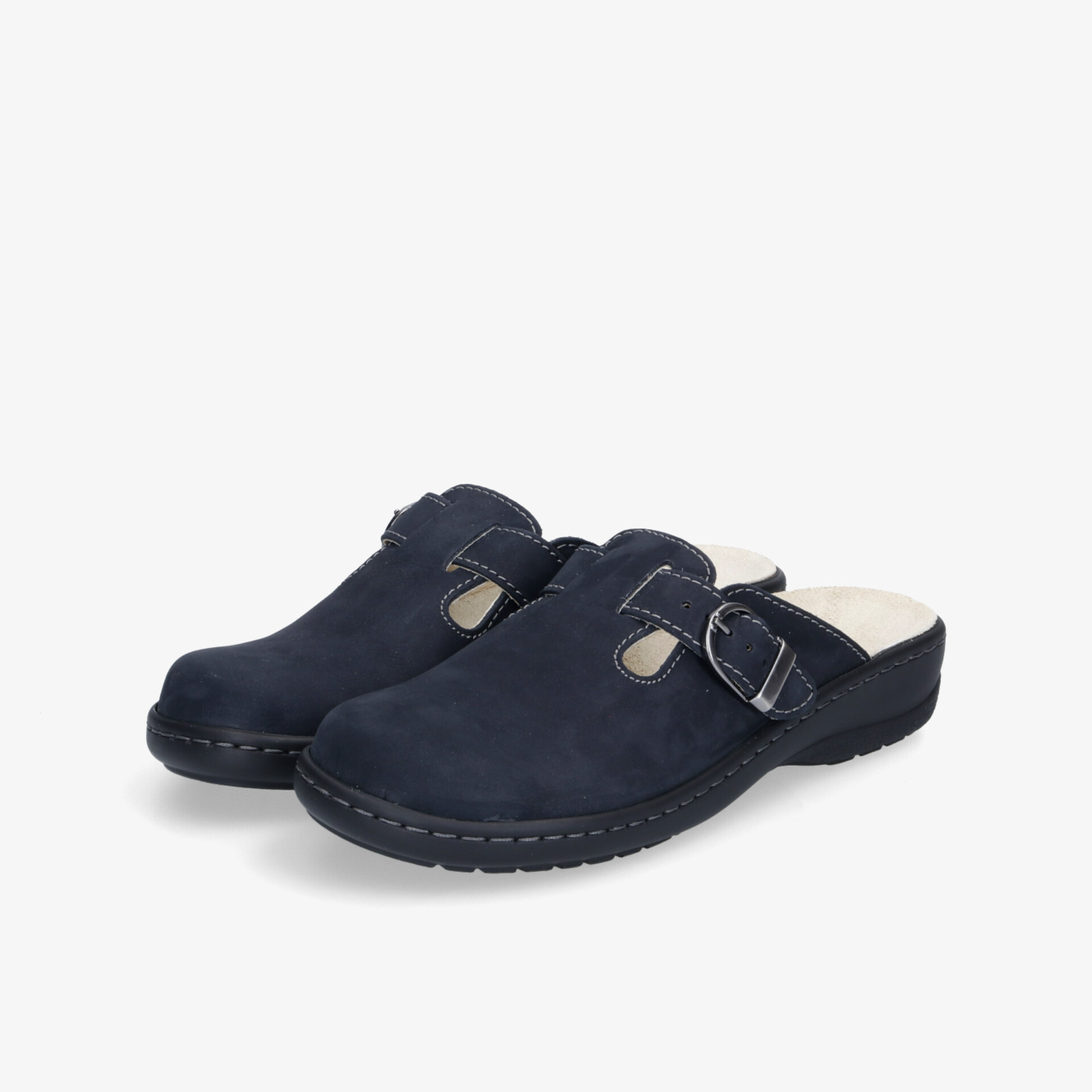 Bequeme blaue Clogs mit Schnalle und rutschfester Sohle für Alltag und Freizeit.