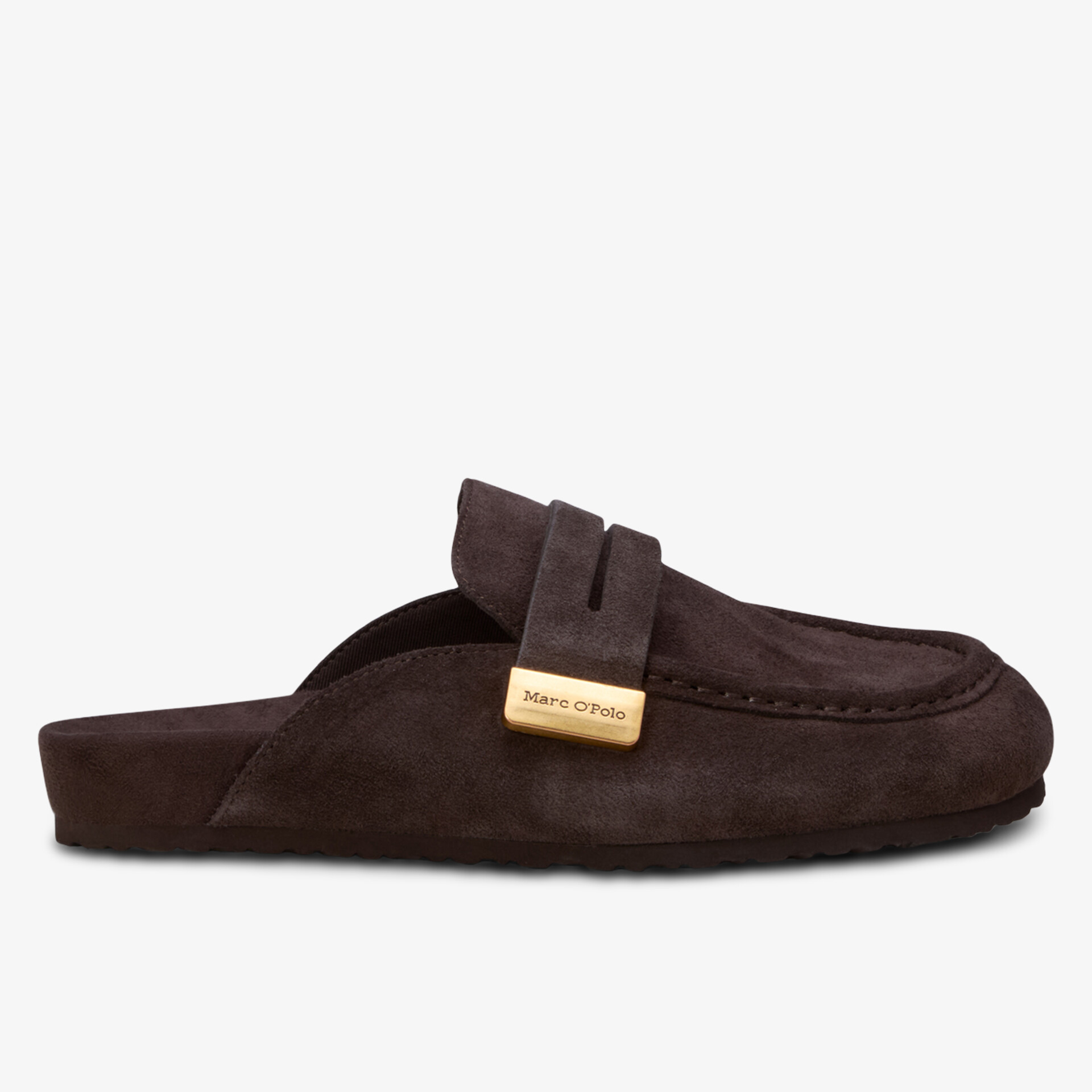 Seitliche Ansicht eines eleganten, braunen Hausschuhs mit weichem Material und dekorativem Riemen