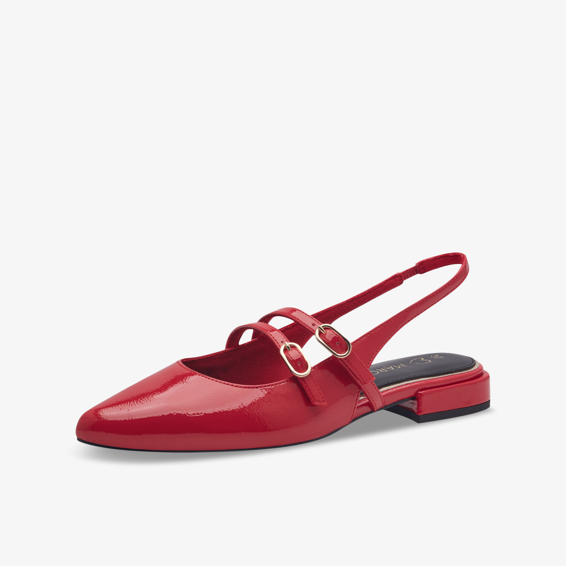 Eleganter roter Slipper aus glänzendem Material mit zwei verstellbaren Schnallen und flachem Absatz für Komfort