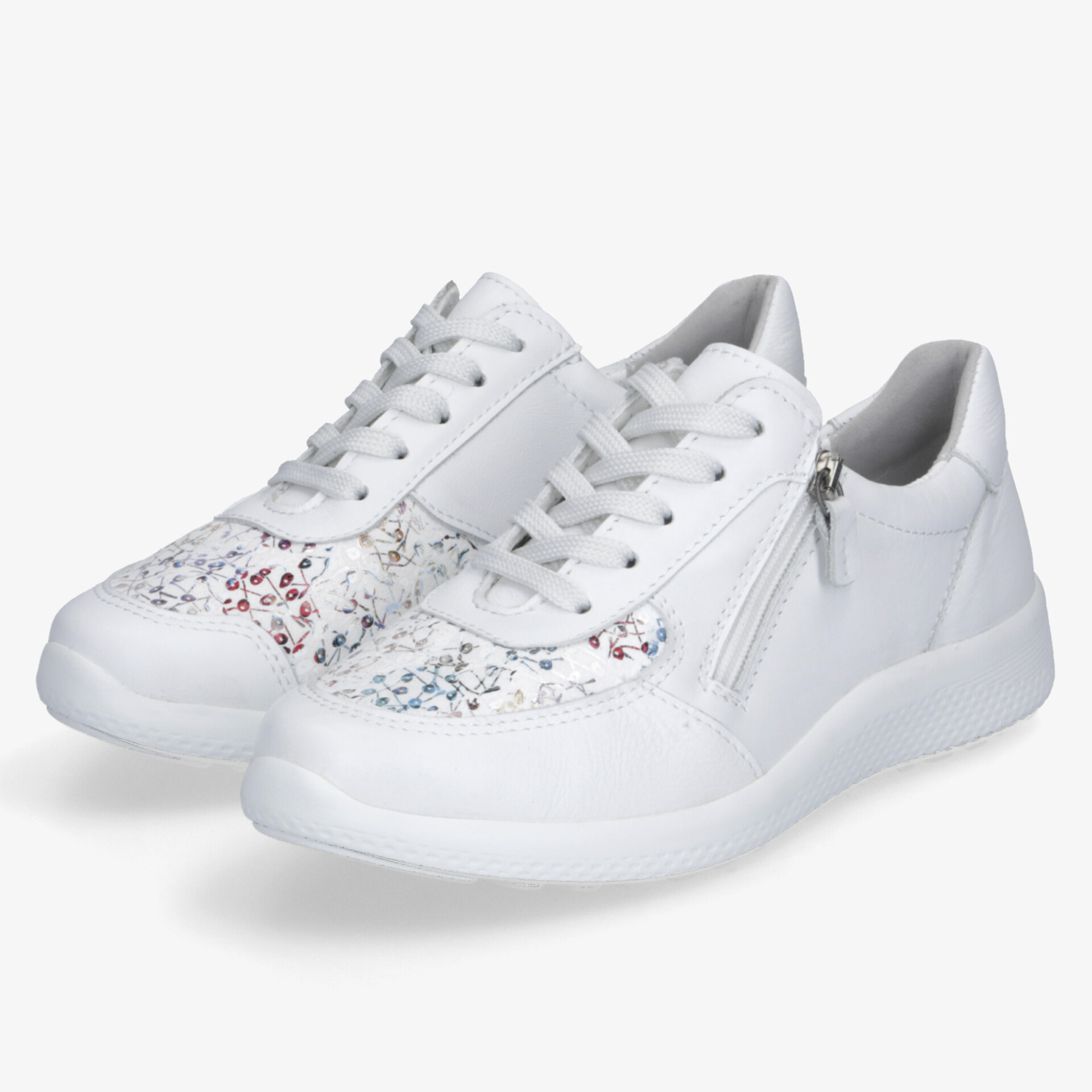 Leichte weiße Sneaker mit Komfort, flexible Sohle und praktischem Reißverschluss, modernes sportliches Design