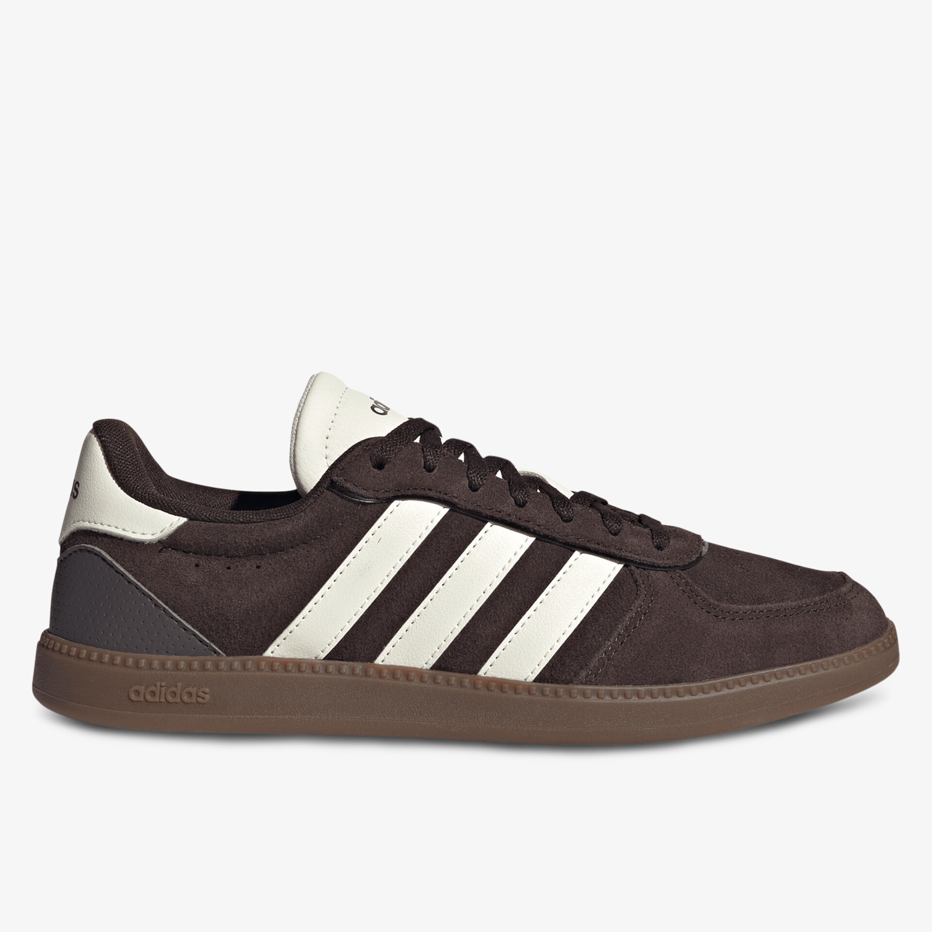 Seitliche Ansicht eines bequemen Sneakers mit weißen Streifen und rutschfester Sohle