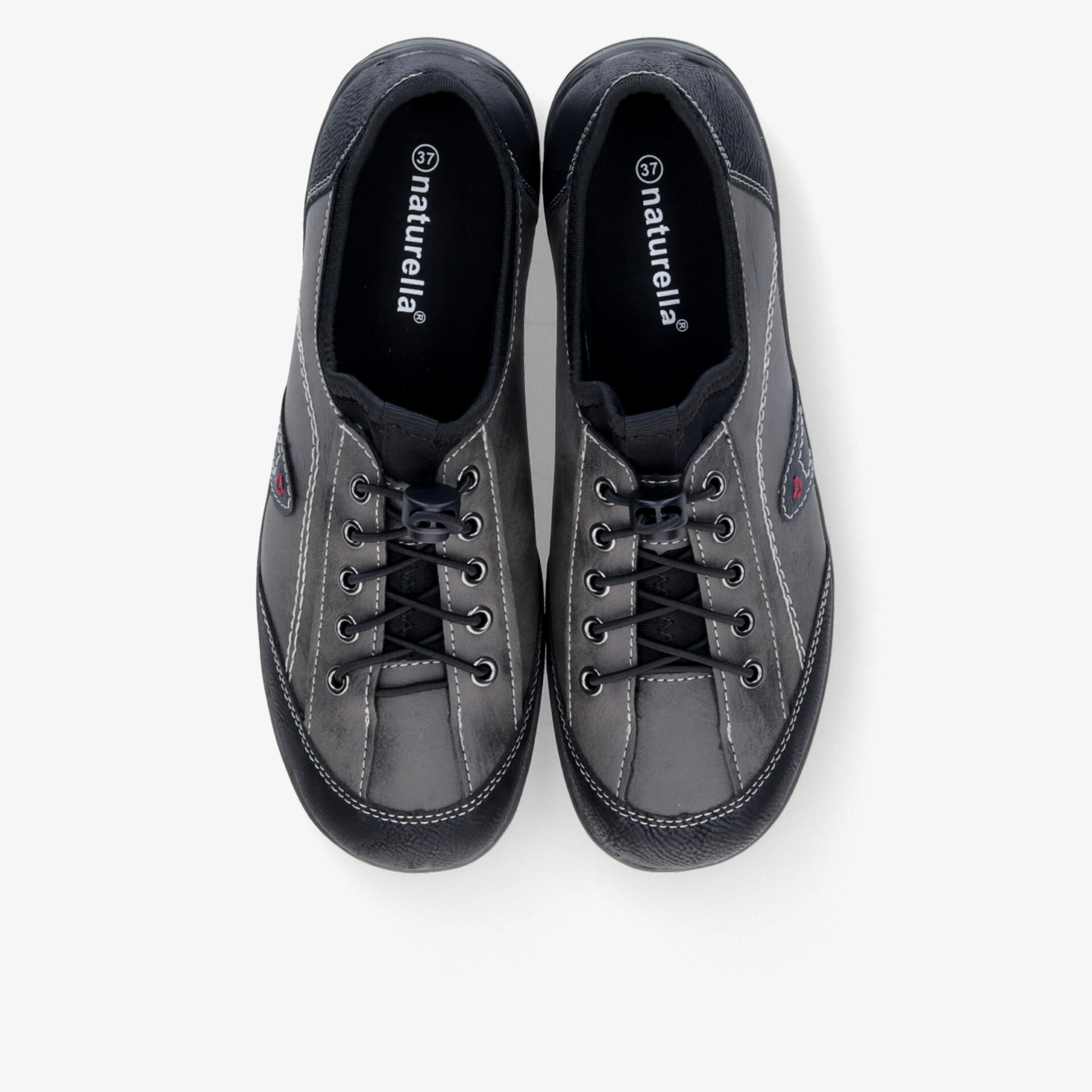 Schwarze strapazierfähige Freizeitschuhe mit schnürsenkeln, gepolstertem Innenbereich und rutschfester Sohle, Paar von oben