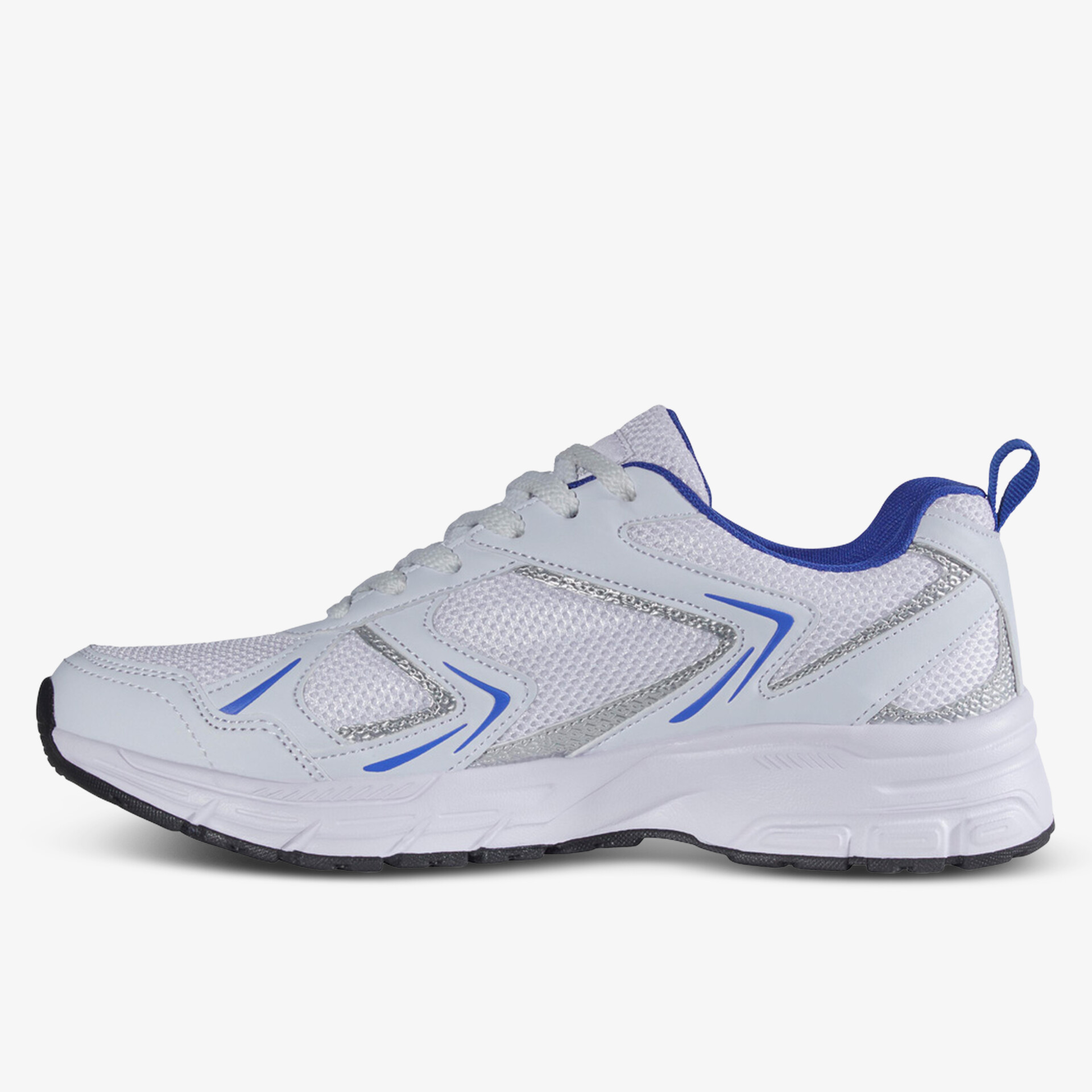 Moderner Sportschuh in Weiß mit blauen Details und rutschfester Sohle, ideal für Sport und Freizeit.