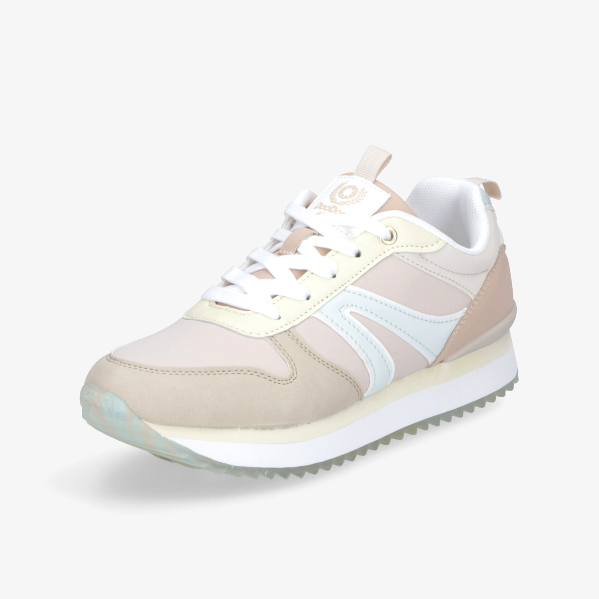 Beiger Sneaker seitlich, leichter, bequemer Sportschuh mit atmungsaktivem Material und rutschfester Sohle