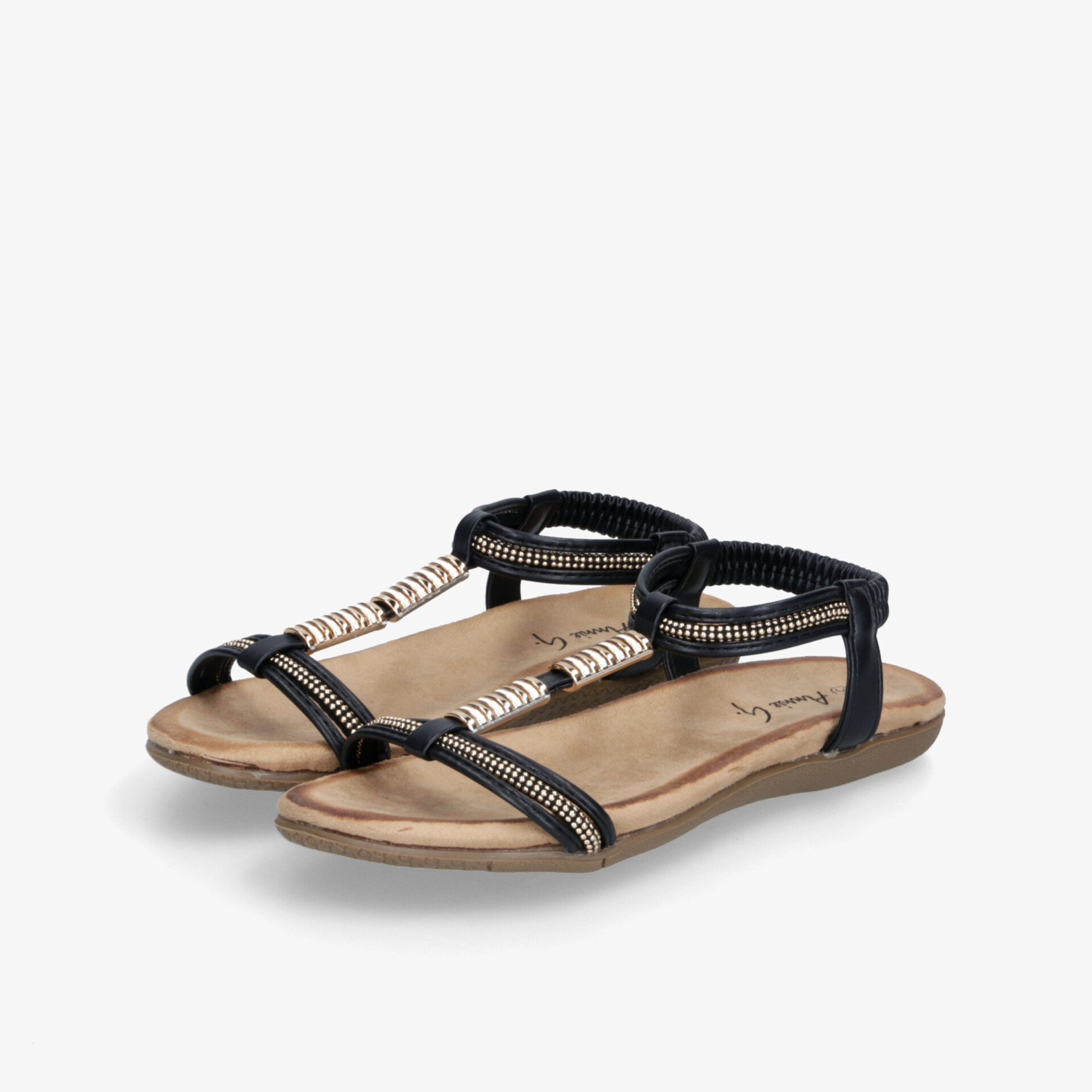 Schwarze offene Sandalen im Paar mit bequemer flacher Sohle und modischem verstellbarem Riemen