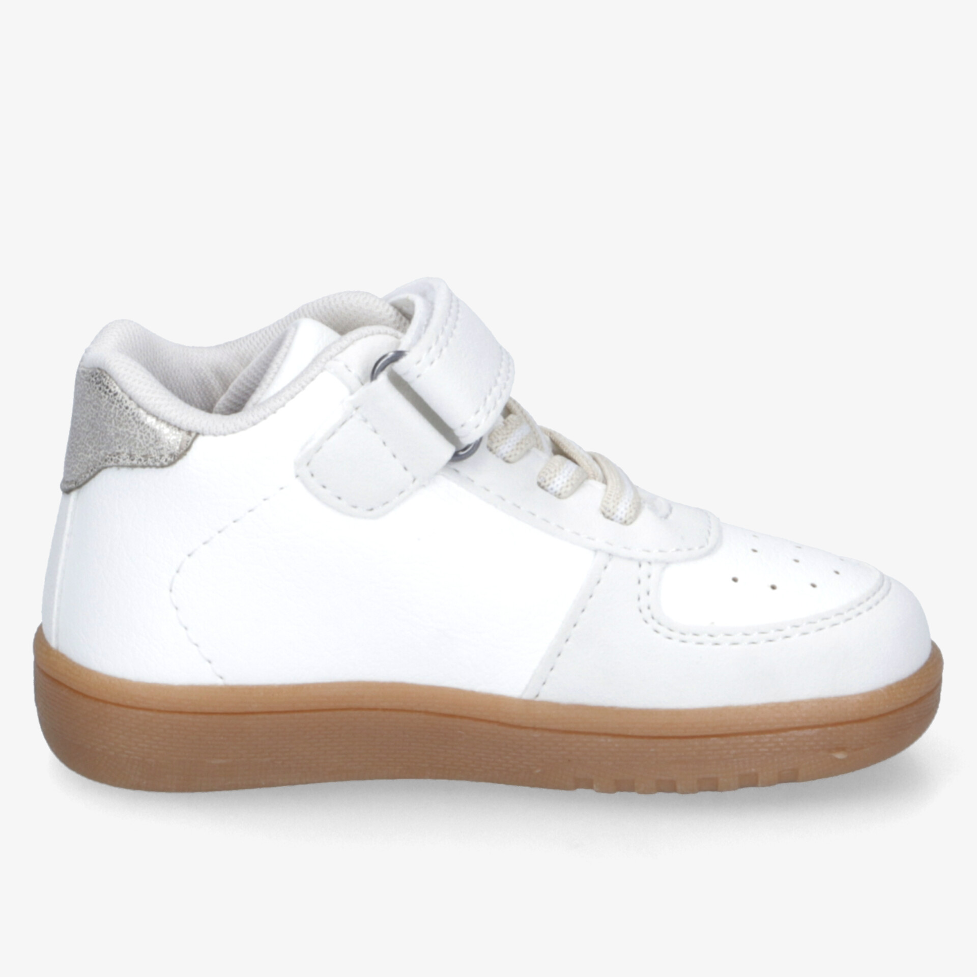 Weißer Sneaker mit praktischem Klettverschluss, robuster brauner Sohle und atmungsaktivem, gepolstertem Obermaterial