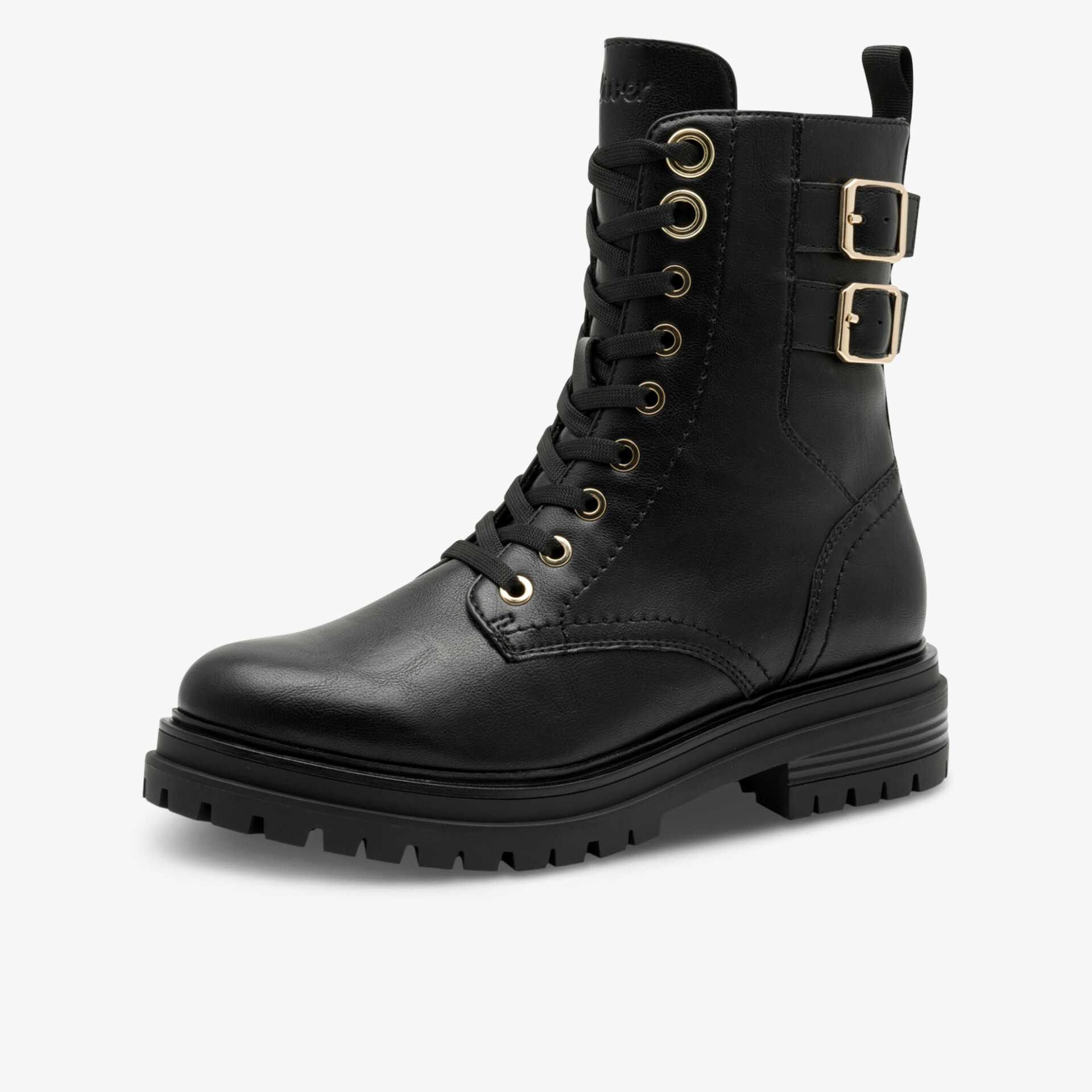 Schwarzer Stiefel mit hohem Schaft, Schnürung und zwei verstellbaren Schnallen, robuste rutschfeste Profilsohle