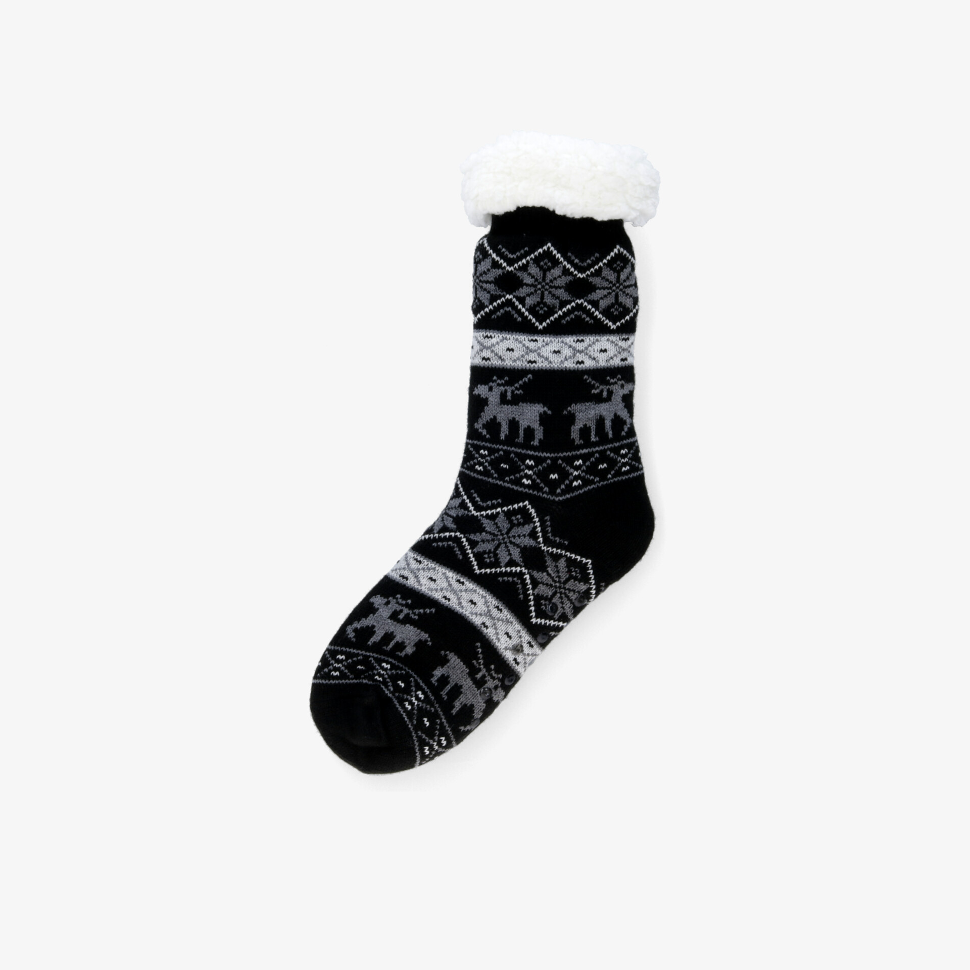 Schwarze und weiße warme Winter-Socke mit Norwegermuster und flauschigem Bündchen für hohen Tragekomfort