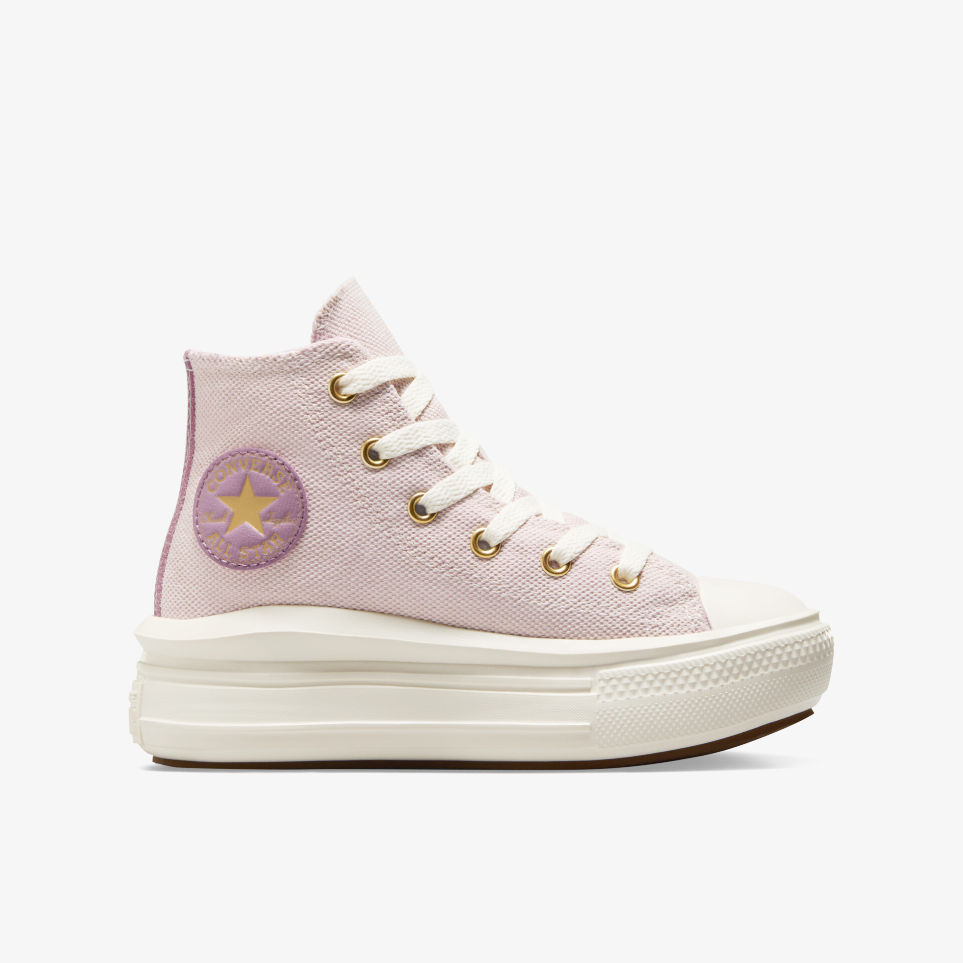 Hochwertiger lila Sneaker mit robuster Gummisohle, goldenen Ösen und komfortablem Sitz in klarer Seitenansicht