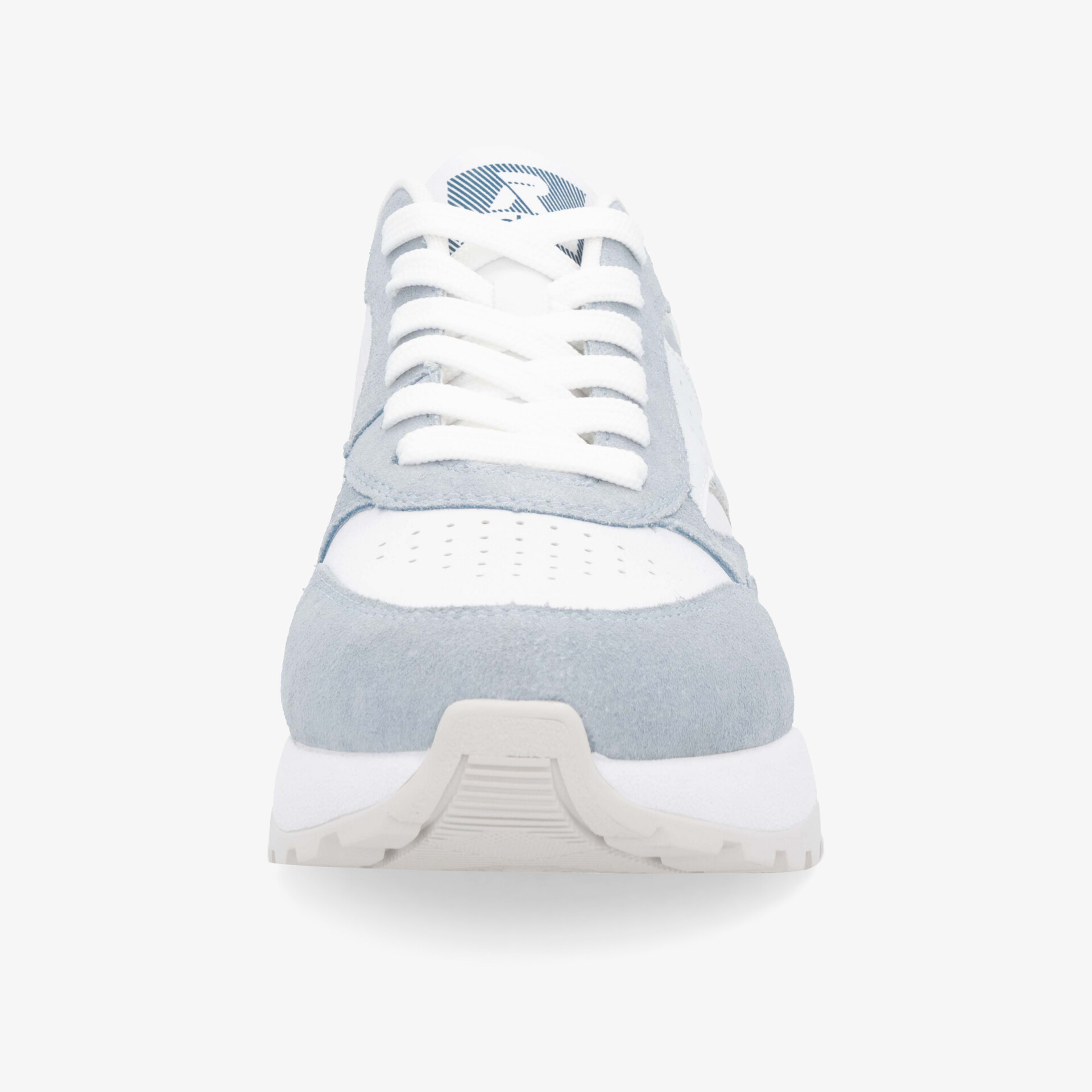 leichter Sportschuh in Grau und Weiß mit bequemer Passform und stabiler Schnürung, Frontansicht