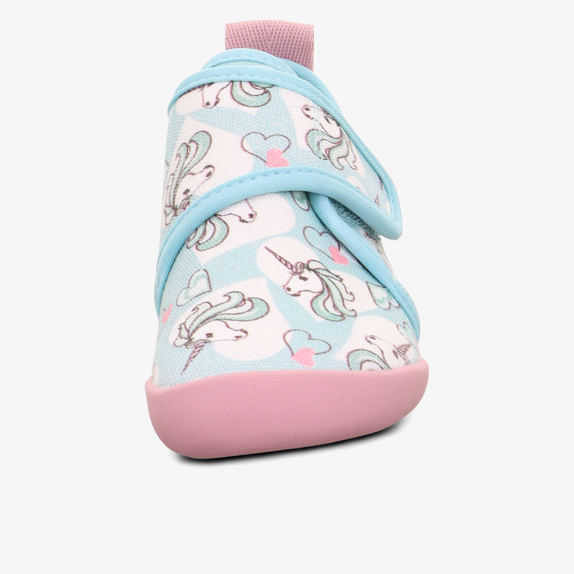 Bequemer Kinderschuh mit weichem Stoff und praktischem Klettverschluss, buntes Einhorn-Design, flexible und leichte Sohle