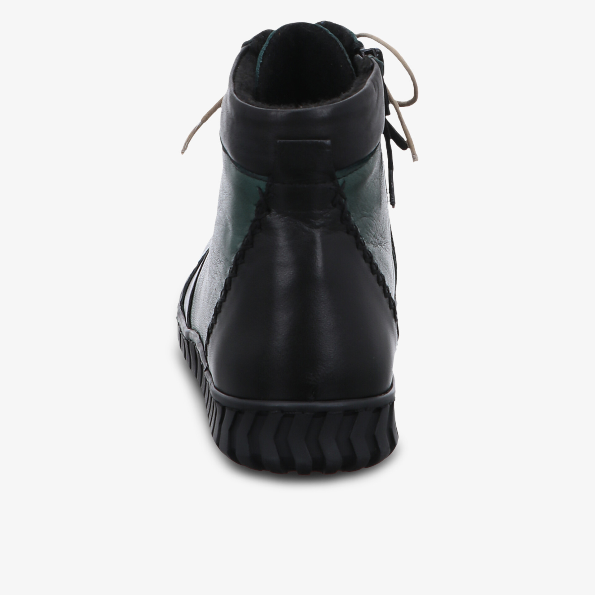 Robuster Schuh mit hoher Schnürung und rutschfester Sohle, Rückansicht