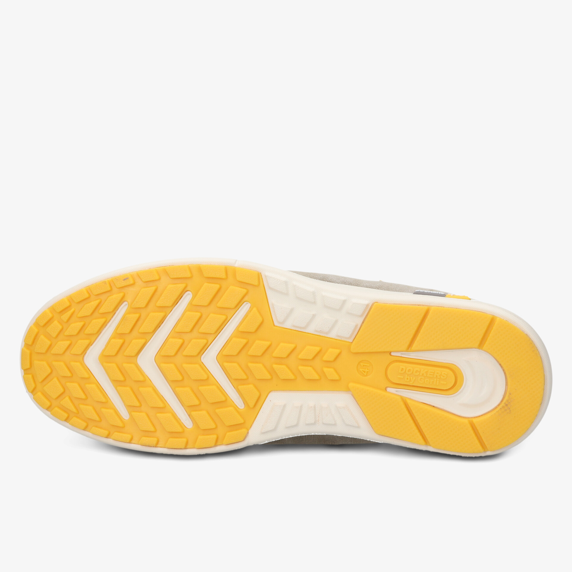 Detailansicht der rutschfesten gelben Profilsohle mit langlebigem robustem Material