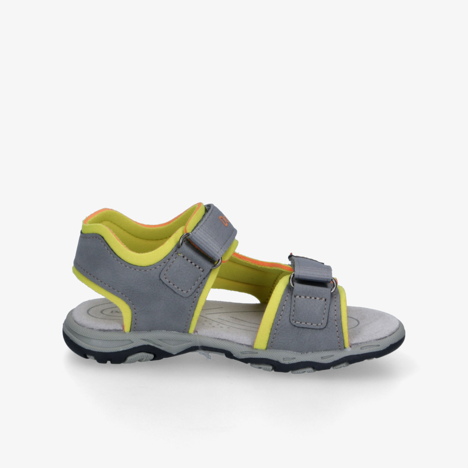 Leichte graue Sandale mit verstellbaren Klettverschlüssen und rutschfester, flexibler Sohle für hohen Tragekomfort