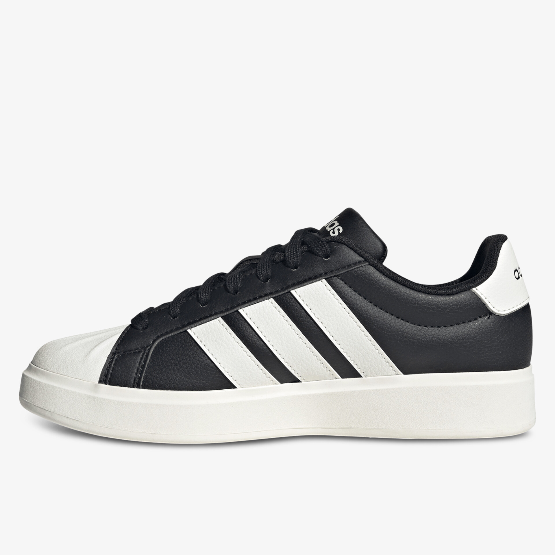 Schwarzer und weißer Sneaker mit markanten Streifen, bequeme Passform und robustem Sohlenprofil