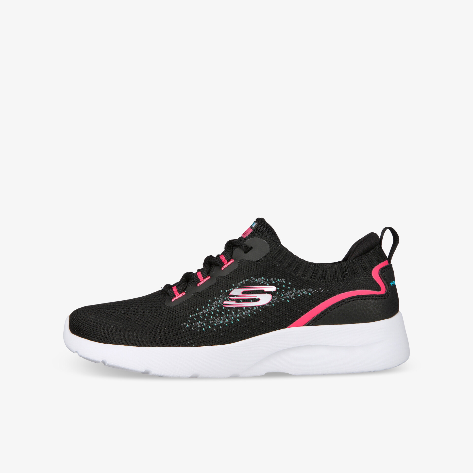Schwarze Sneakers mit pinken Akzenten und weißer Sohle, bequem und stilvoll für Freizeitaktivitäten.