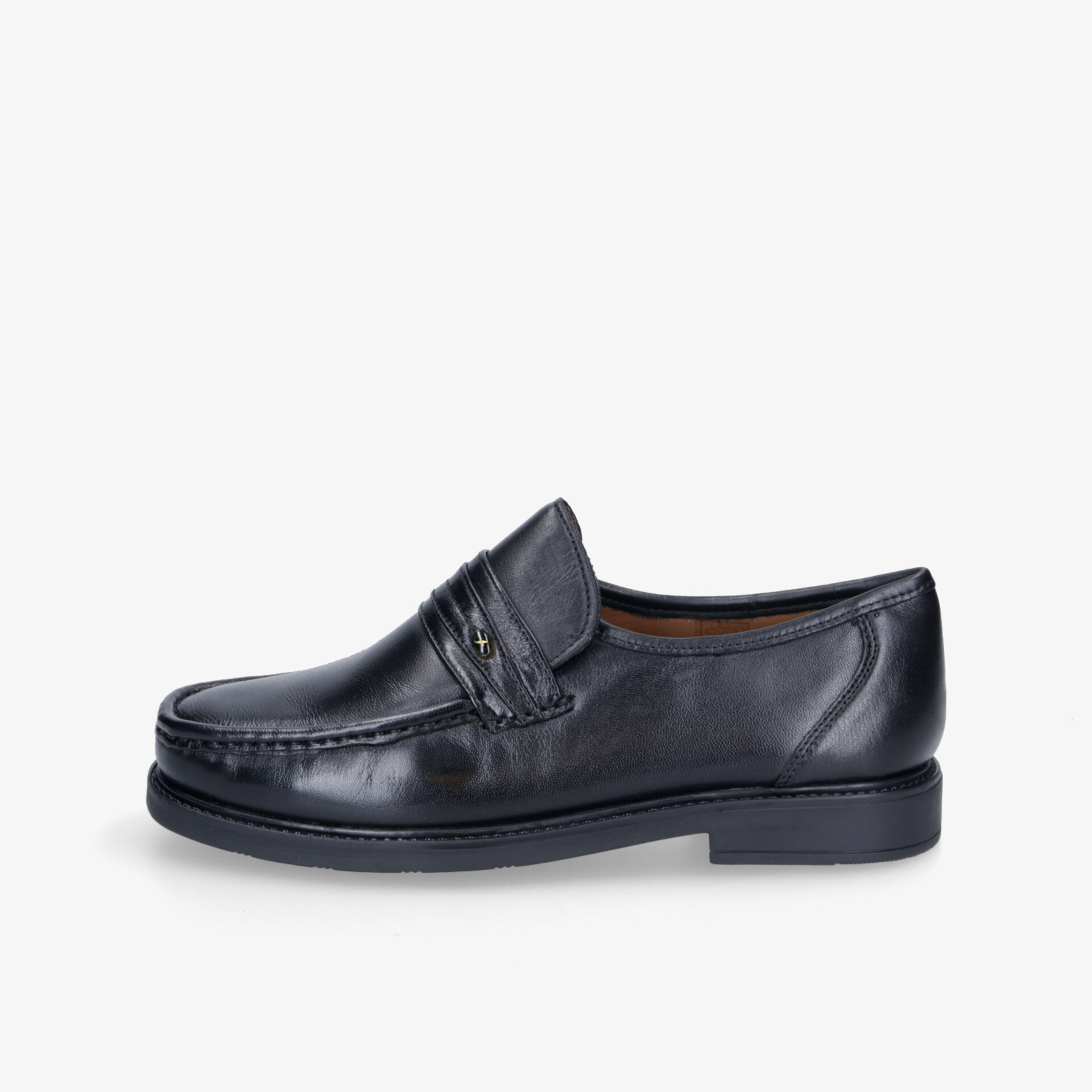 Schwarzer eleganter Loafer aus hochwertigem Leder mit robuster Sohle und zeitlosem Design seitlich dargestellt
