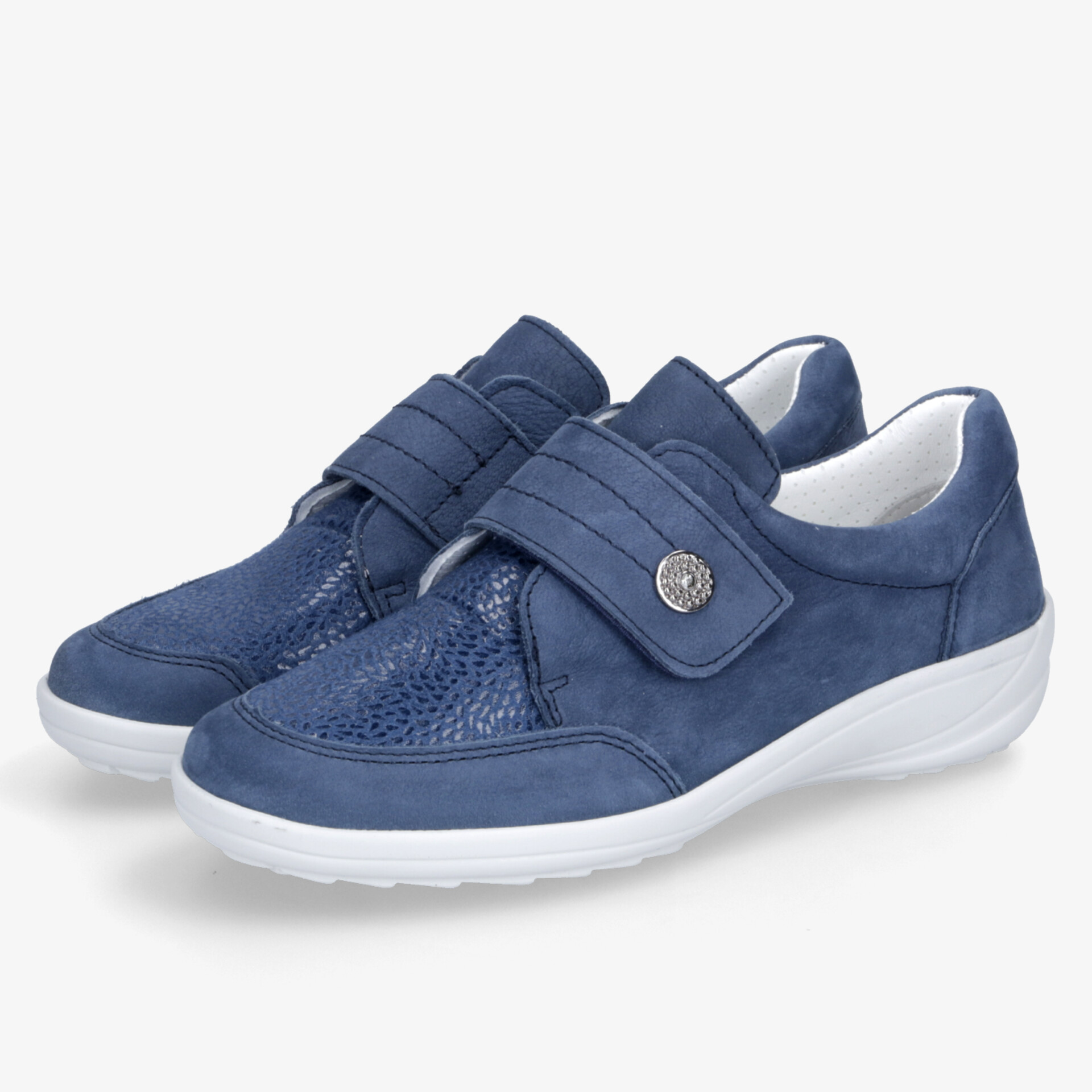 Bequeme blaue Freizeitschuhe mit verstellbarem Riemen und rutschfester Weißer Sohle, modernes Design