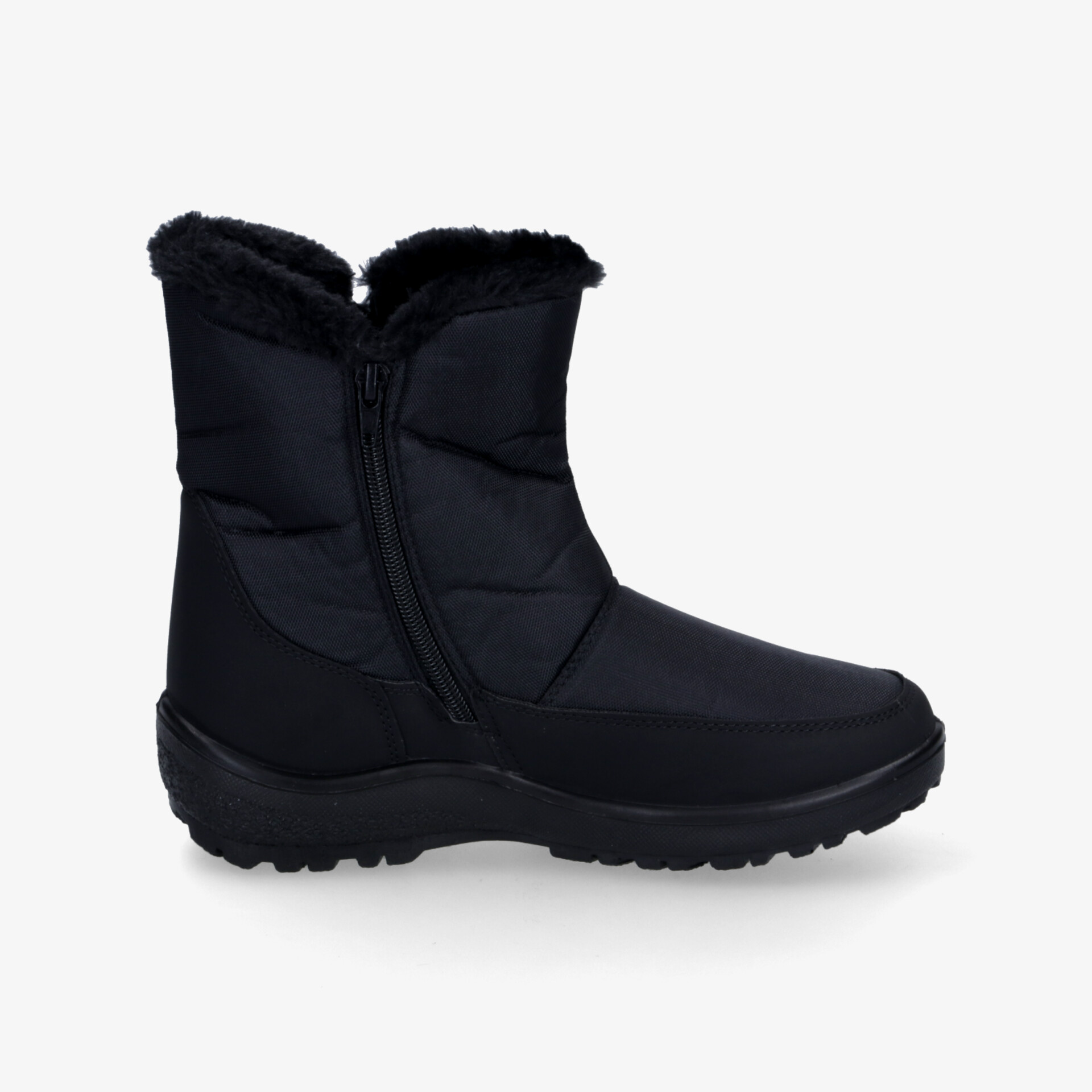 Schwarzer Winterstiefel mit warmem Innenfutter, seitlichem Reißverschluss und rutschfester Sohle, ideal für kalte Tage
