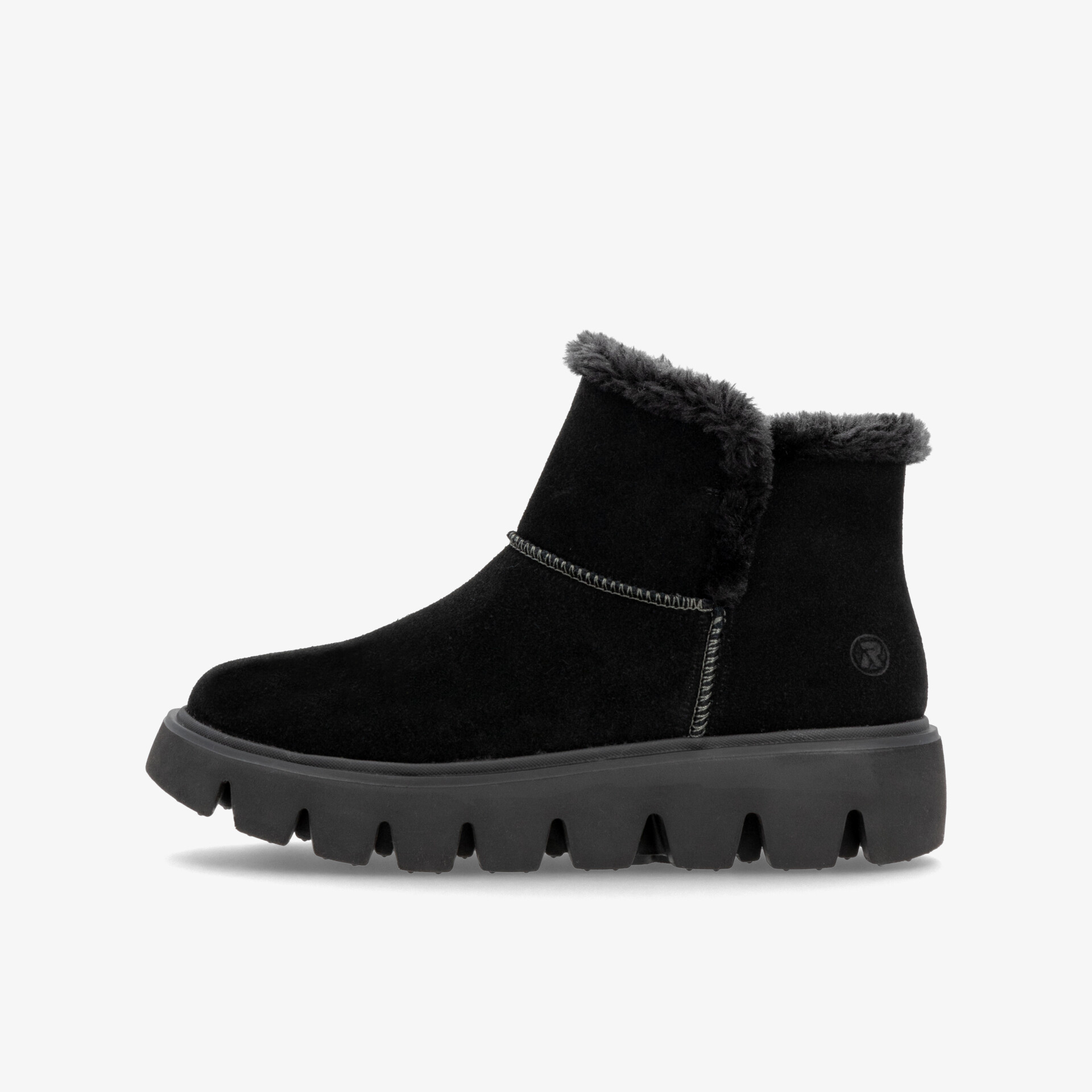 Schwarzer Winterstiefel mit warmer Innensohle und robuster, rutschfester Profilsohle in klarer Seitenansicht