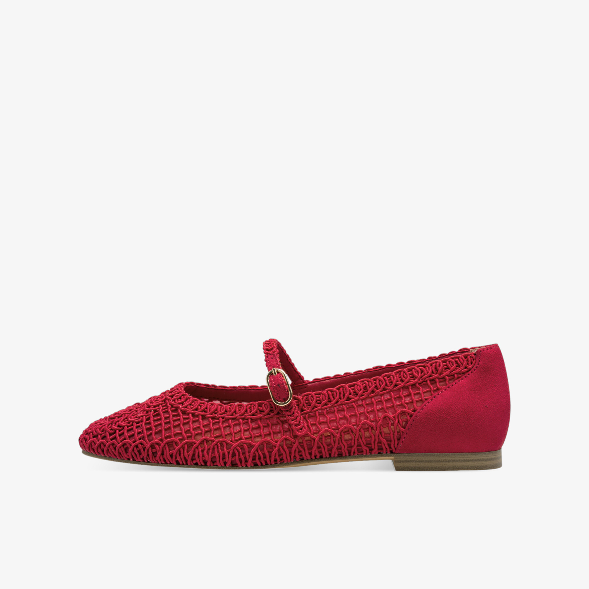 Roter gehäkelter Ballerina mit rundem Verschluss, flexiblem Material und flacher Sohle, seitliche Ansicht