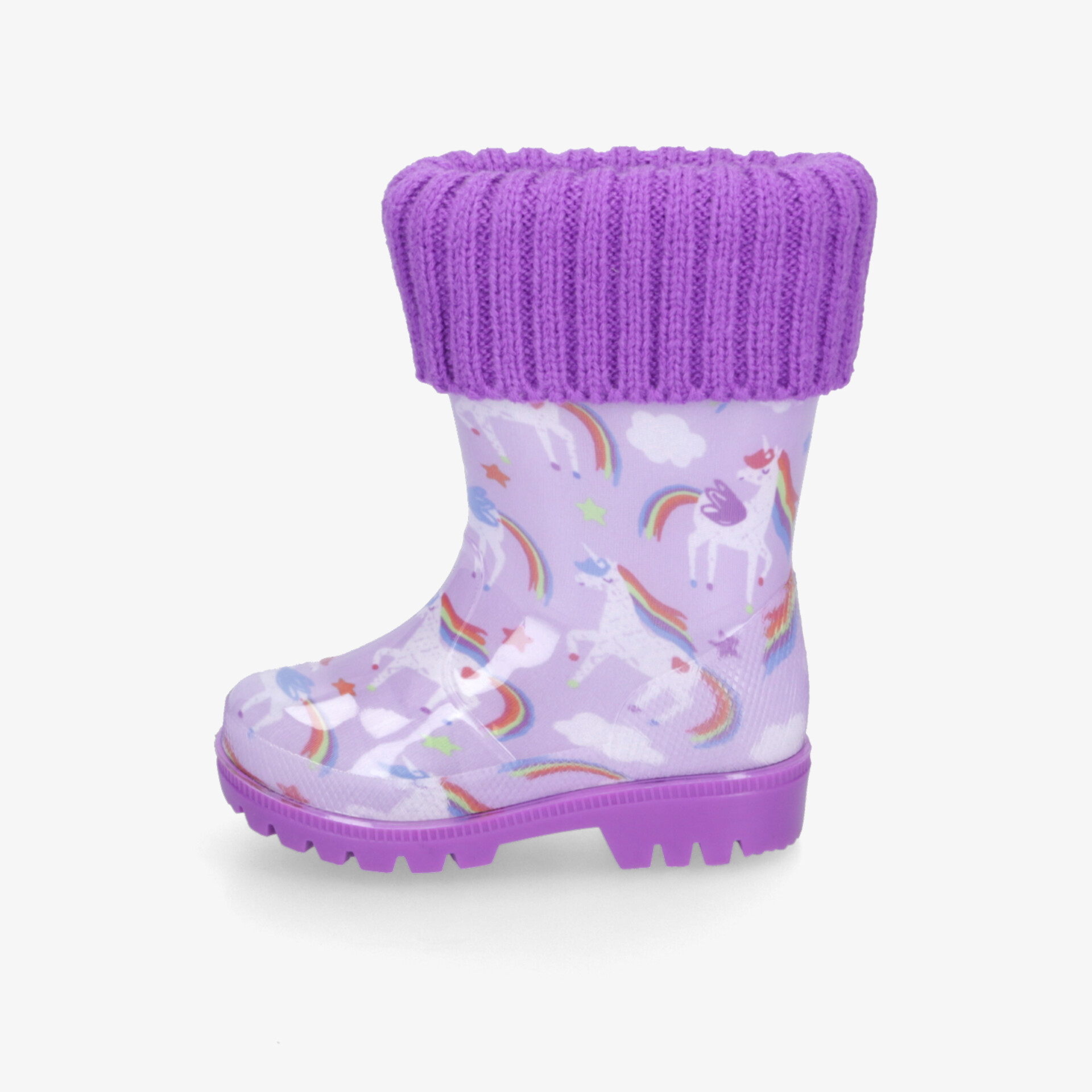 Wasserdichter lila Regenstiefel mit buntem Muster und warmem Strickbund, rutschfeste und robuste Sohle