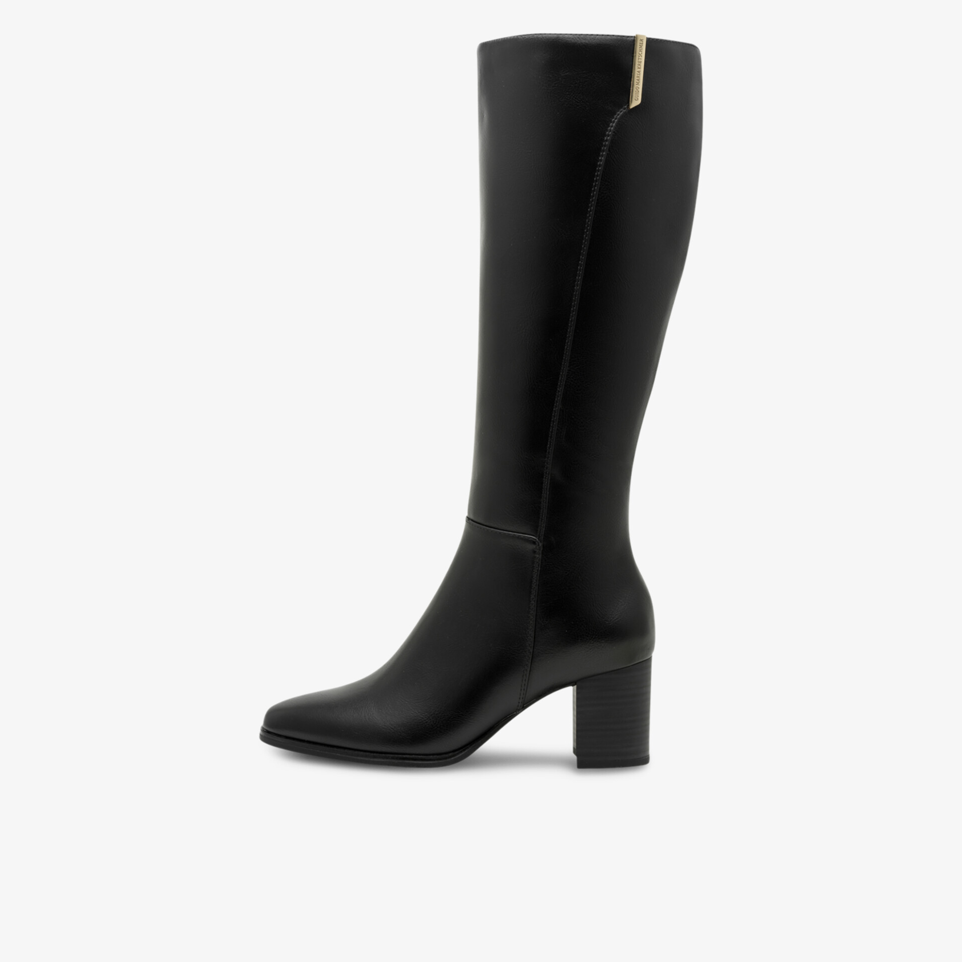 Eleganter schwarzer Stiefel mit hohem Schaft und bequemem Blockabsatz in klarer Seitenansicht