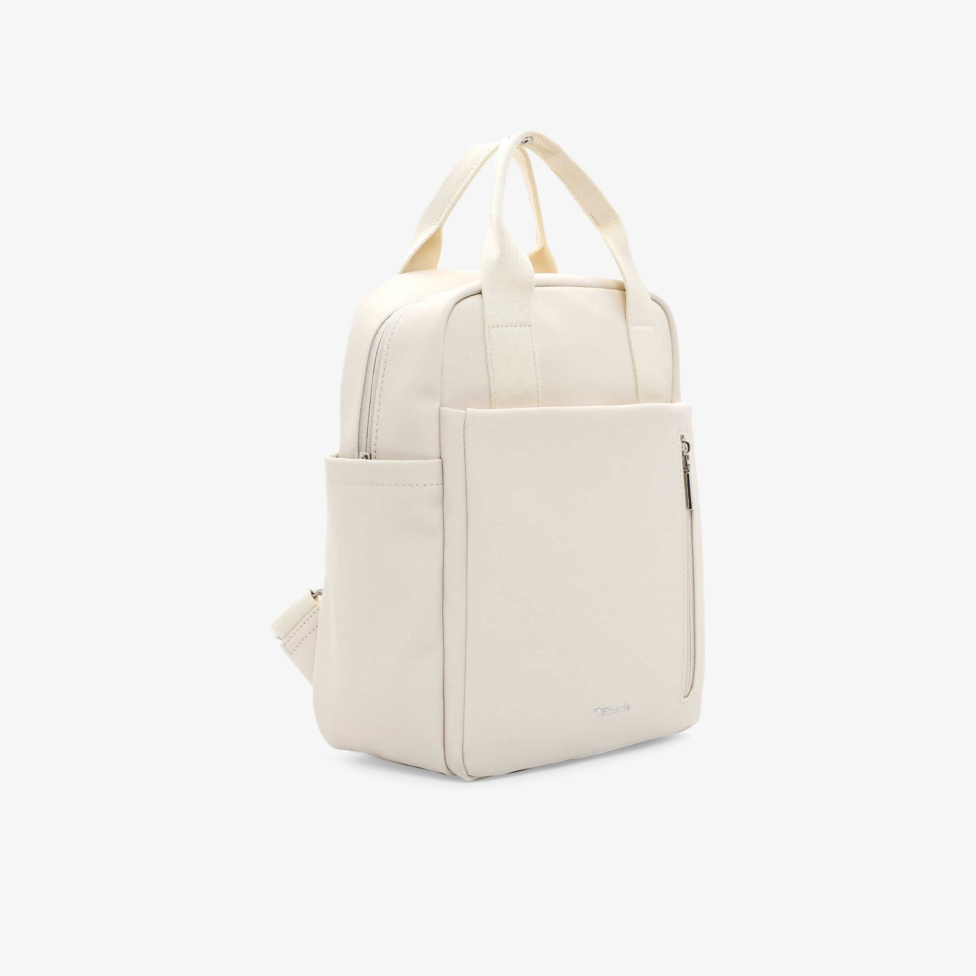 Moderner cremefarbener Rucksack mit schlankem Design und praktischem Außenfach für Alltag und Reise