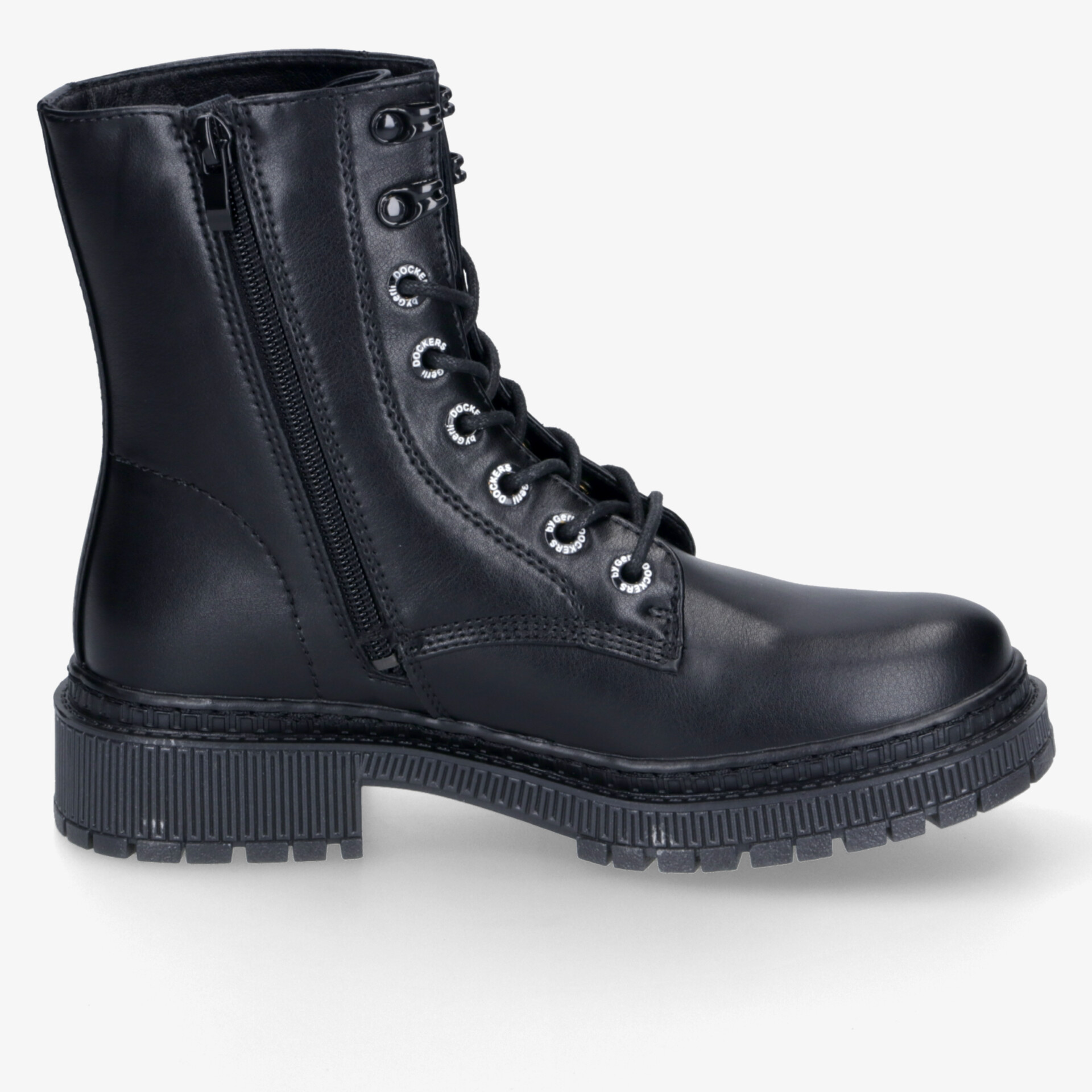 Schwarzer Leder-Kampfboot-Stiefel mit Reißverschluss und robuster Schnürung, seitliche Ansicht