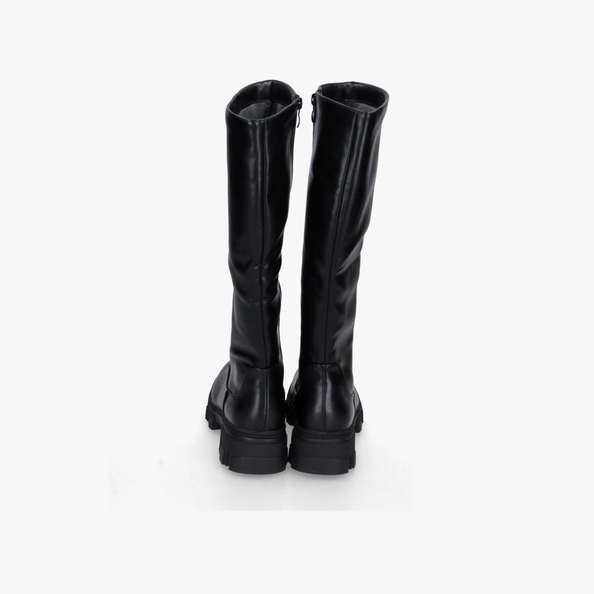 Hochwertige schwarze Stiefel mit stabilem Absatz und glattem Finish, Rückansicht zeigt elegantes Design