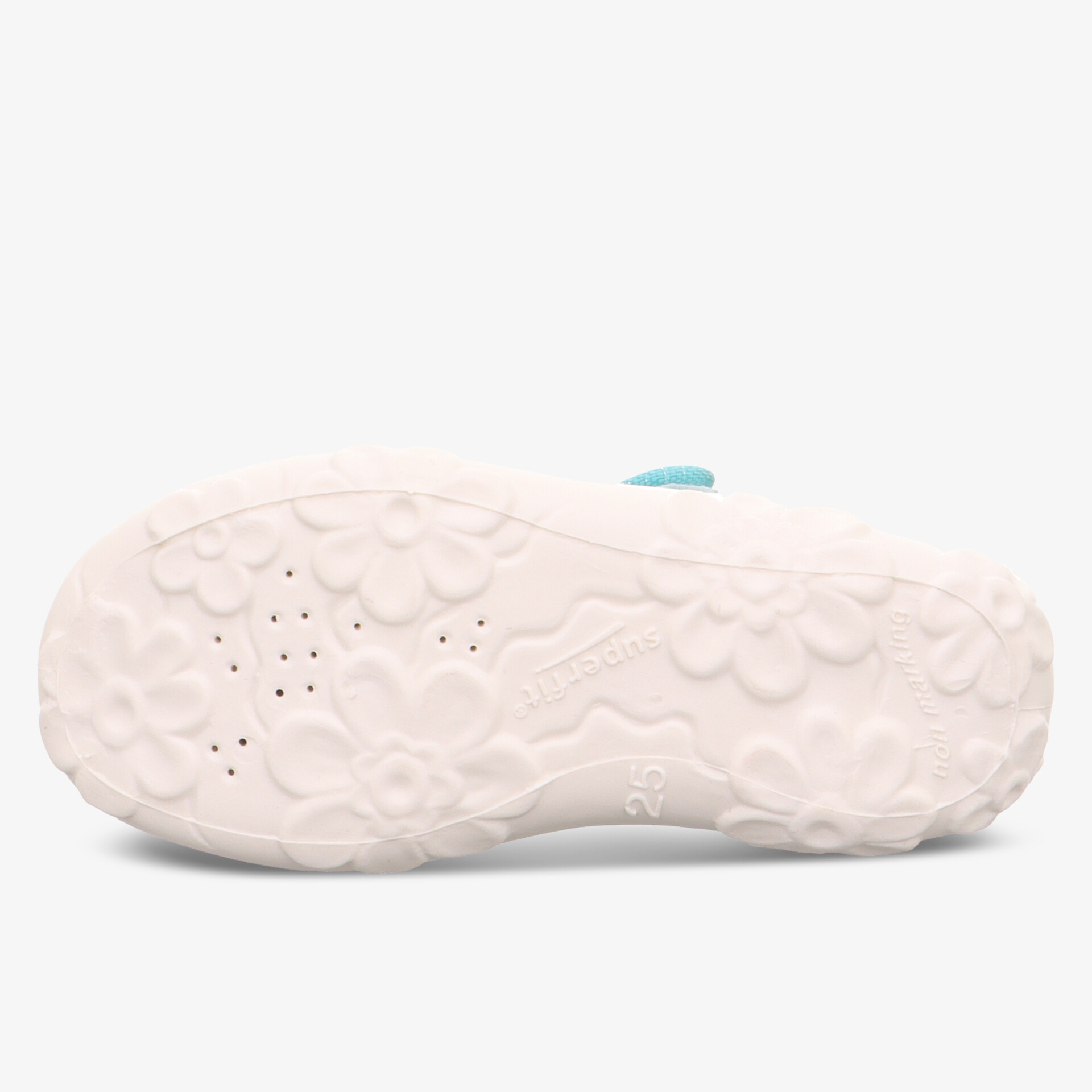 Weiße Schuhsohle mit flexiblen Kerben und rutschfestem Profil für sicheren Halt