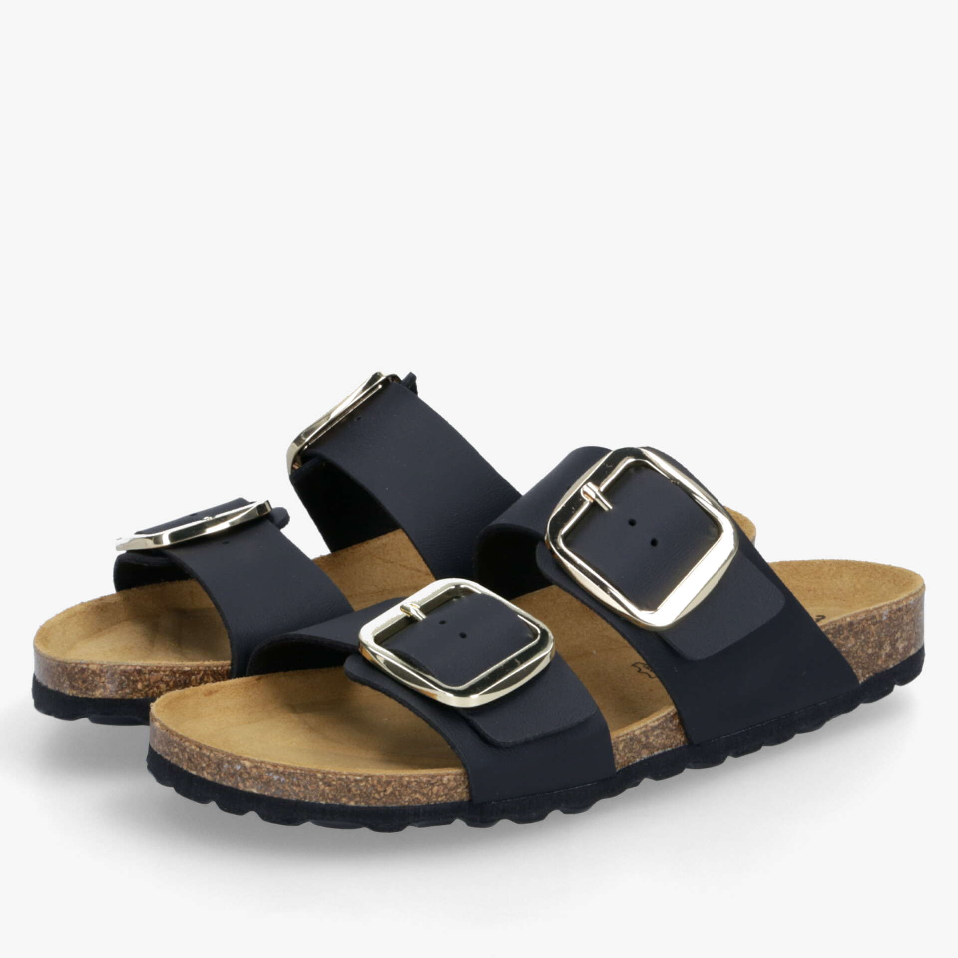 Bequeme schwarze Sandalen mit verstellbaren goldenen Schnallen und rutschfester, gepolsterter Sohle für optimalen Tragekomfort