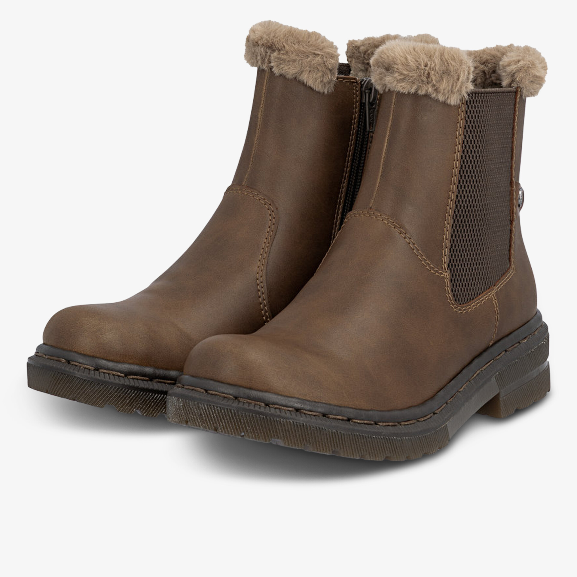 Braune warme Stiefeletten mit weichem Fellfutter und elastischen Einsätzen für komfortablen Halt und rutschfeste Sohle