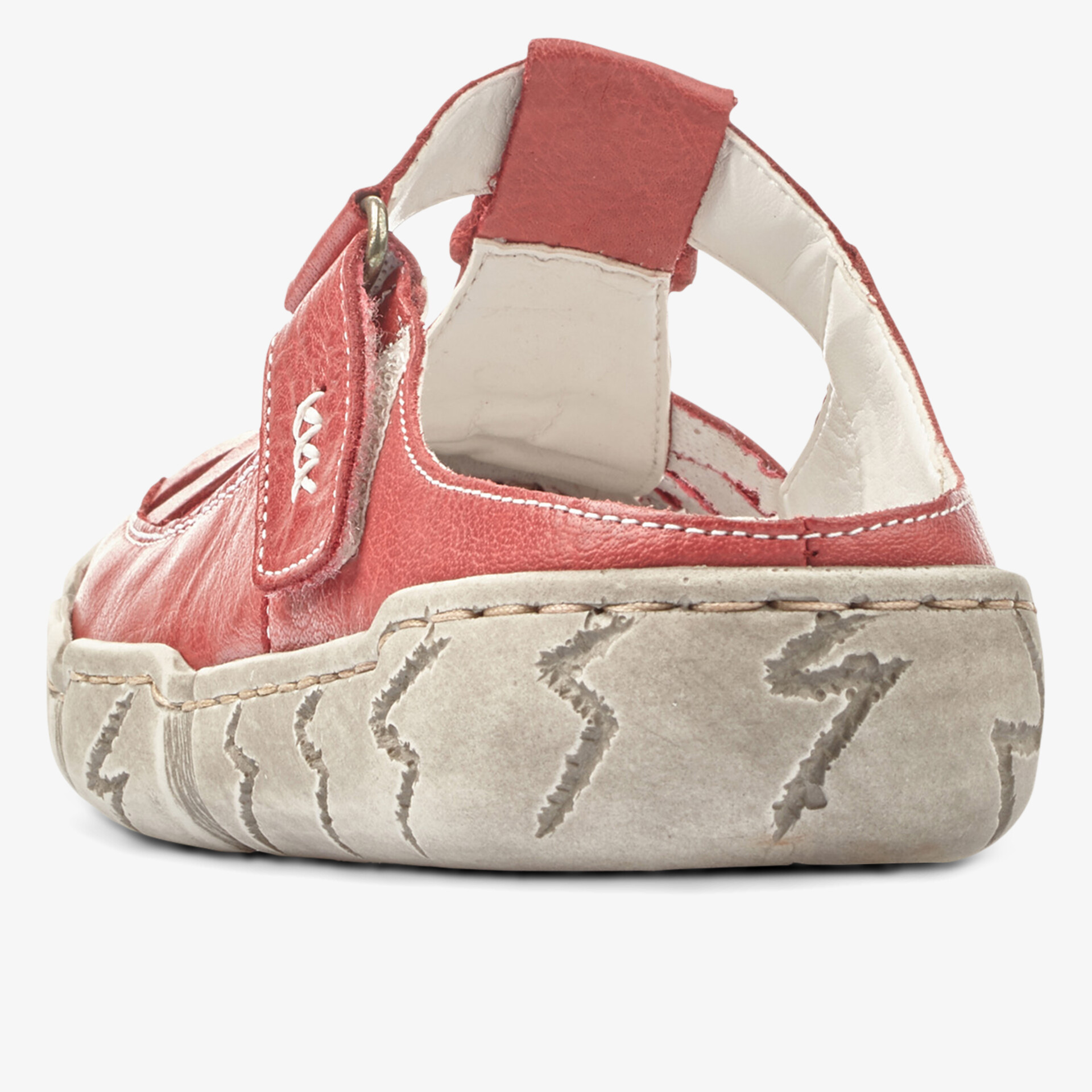 Robuster roter Schuh mit verstellbarem Riemen und elastischer Fersenkonstruktion für hohen Tragekomfort