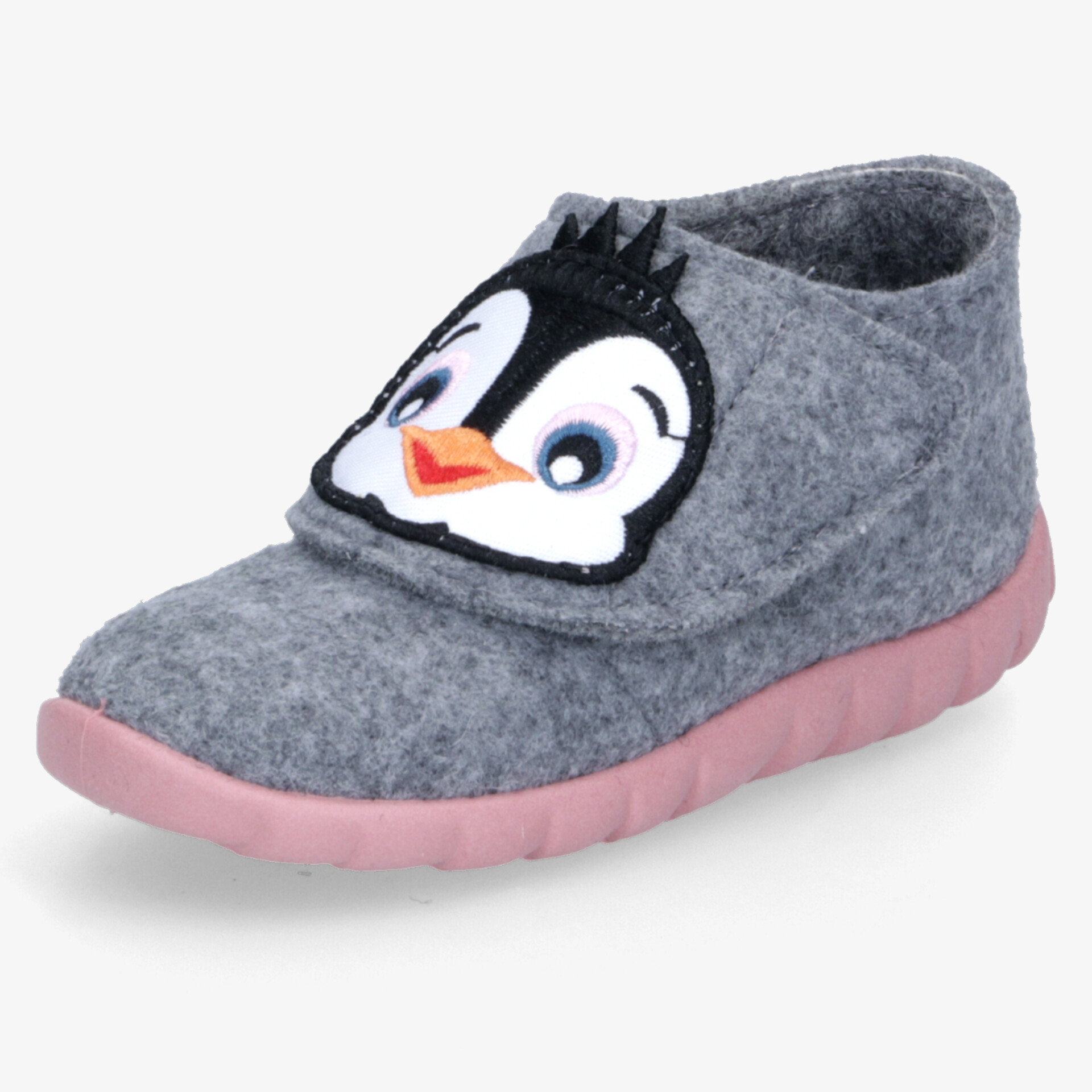 Weicher grauer Kinderschuh mit rosa Sohle und niedlichem Pinguinmotiv, bequemer und flexibler Hausschuh für Komfort