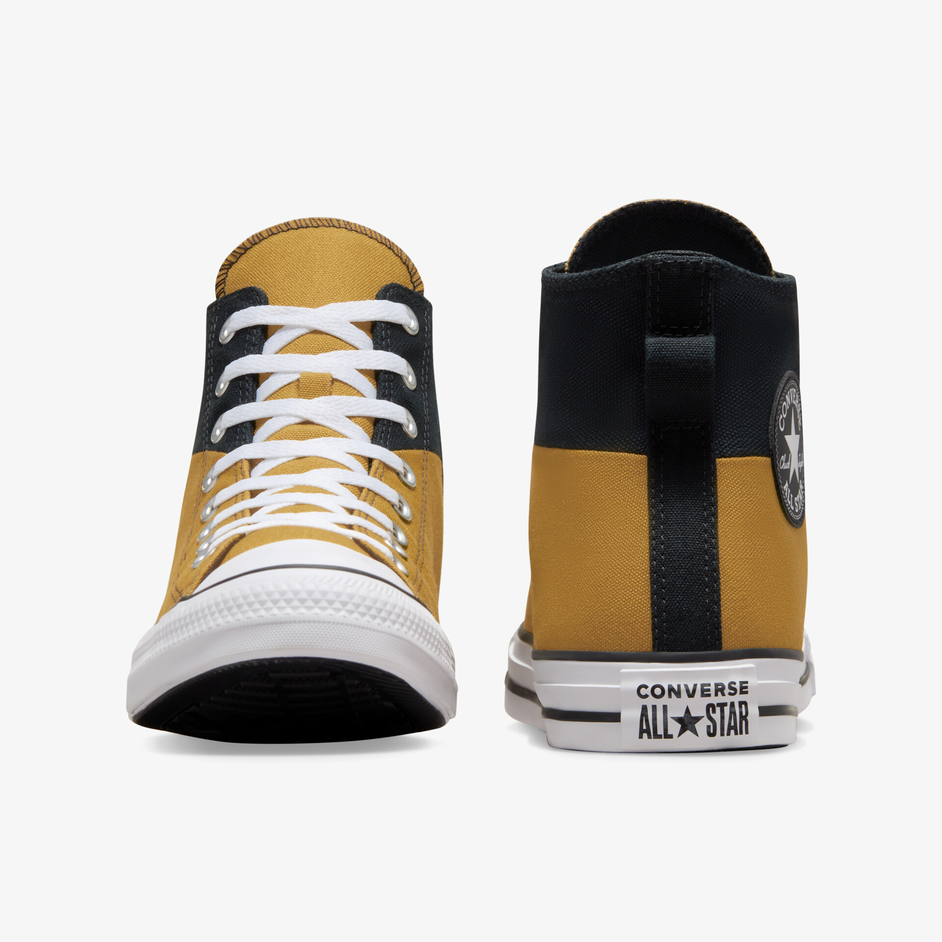 Robuste Converse All Star Sneaker in Gelb und Schwarz mit weißer Sohle, Front- und Rückansicht, stylisch und langlebig