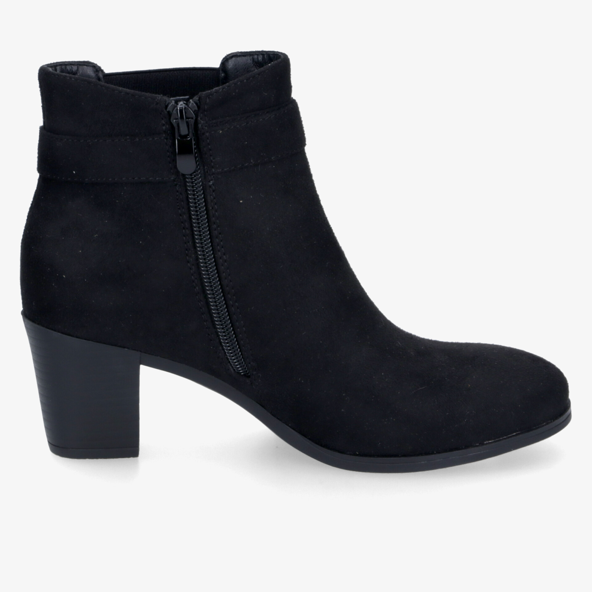 Elegante schwarze Wildleder Stiefelette mit mittelhohem Absatz und praktischem Reißverschluss seitlich