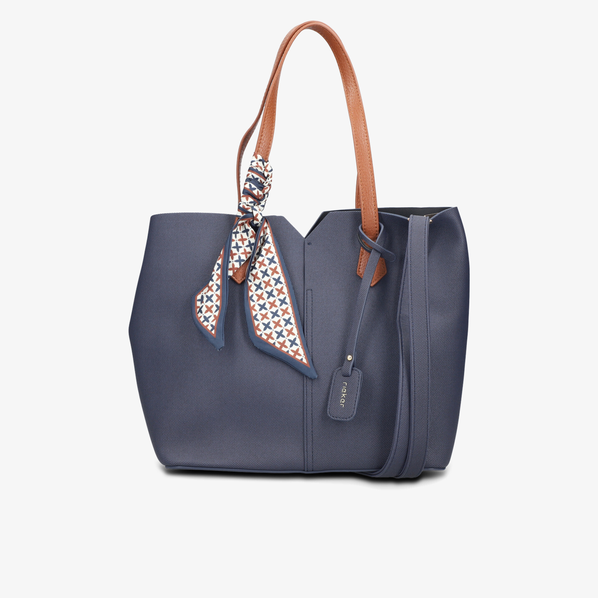 Dunkelblaue Handtasche aus Leder mit braunen Griffen und dekorativem Schal, geräumig und elegant